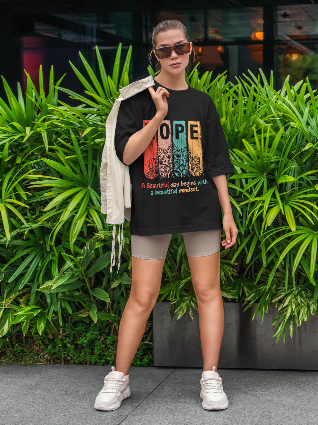 Women's Printed Hope Oversized Black Cotton T-shirt