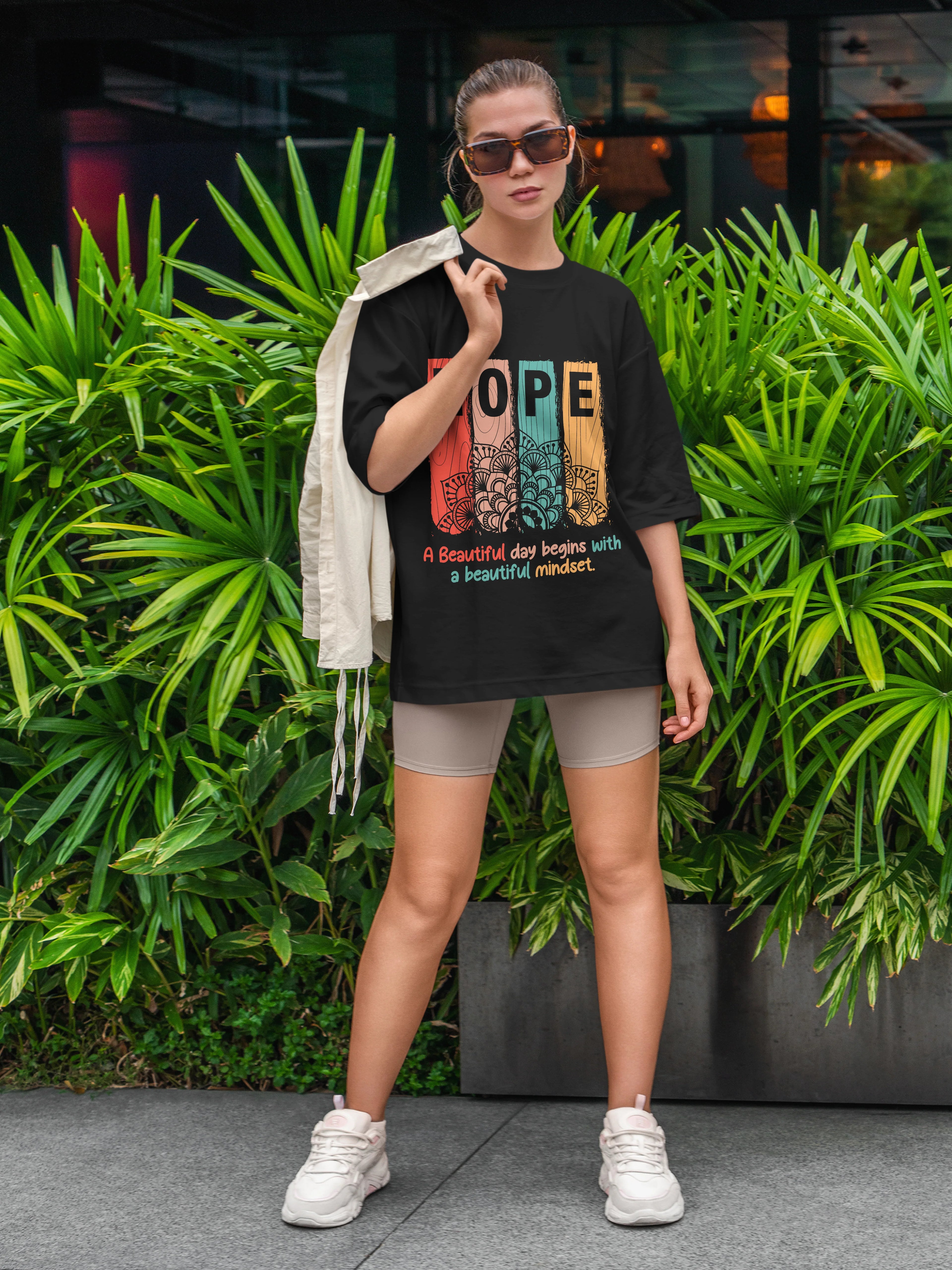 Women's Printed Hope Oversized Black Cotton T-shirt