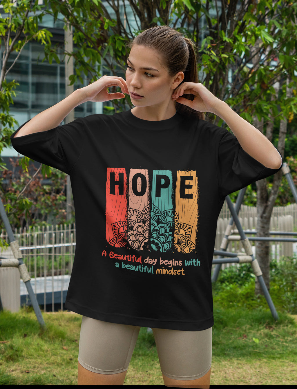 Women's Printed Hope Oversized Black Cotton T-shirt