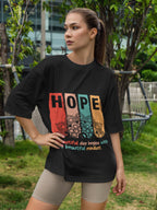 Women's Printed Hope Oversized Black Cotton T-shirt
