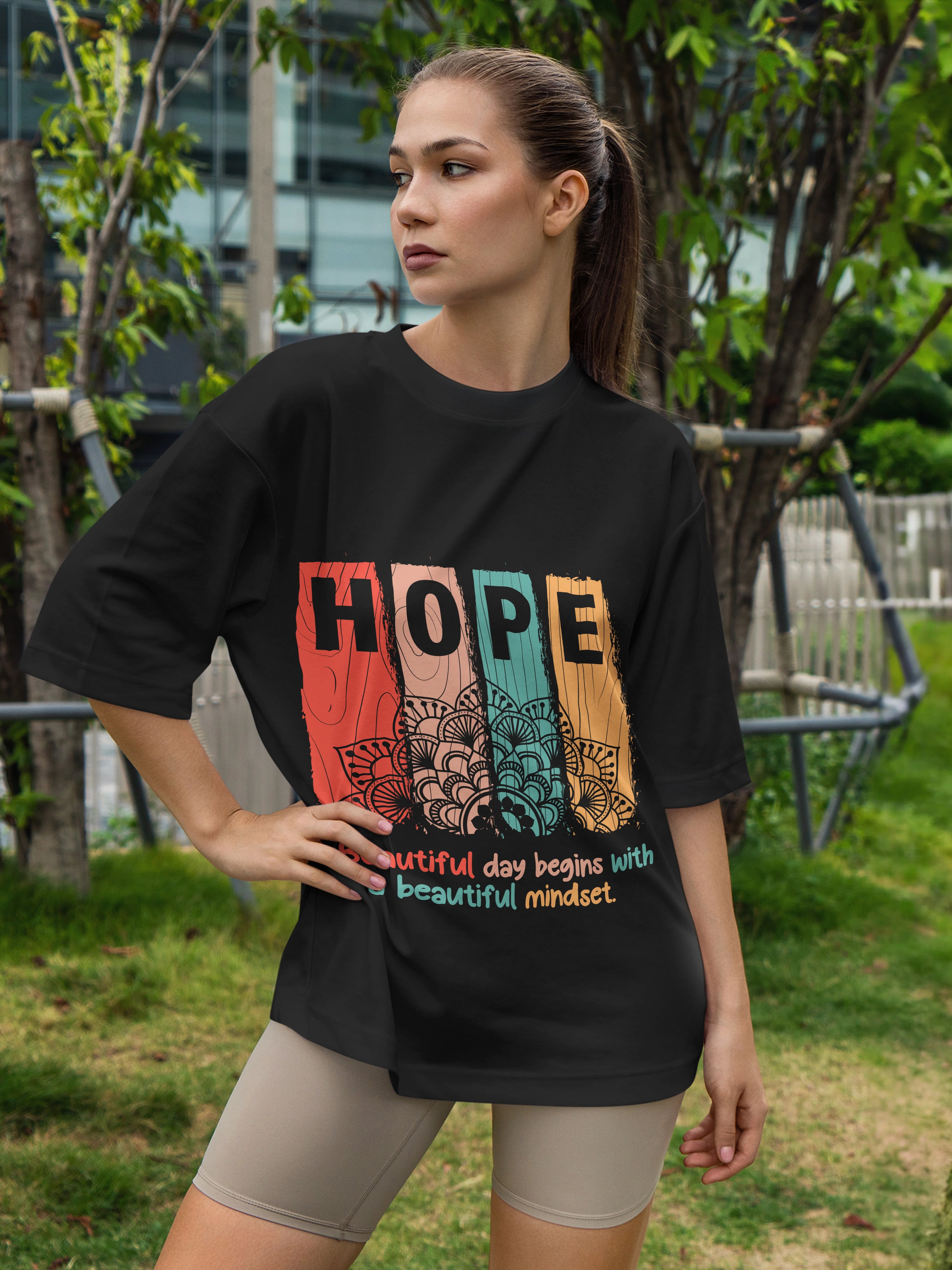 Women's Printed Hope Oversized Black Cotton T-shirt