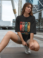 Women's Printed Hope Oversized Black Cotton T-shirt