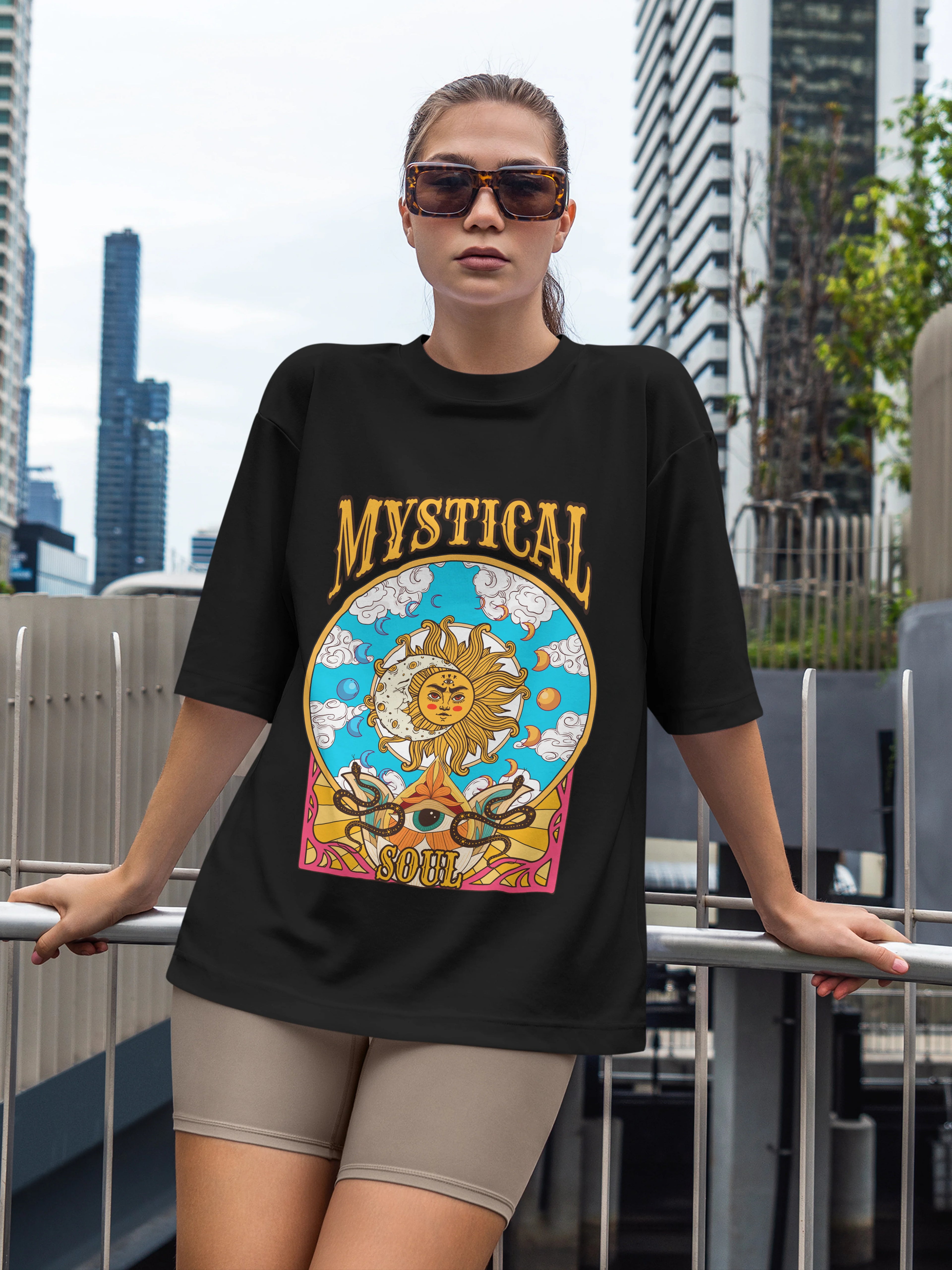Women's Printed Mystical Soul Oversized Black Cotton T-shirt