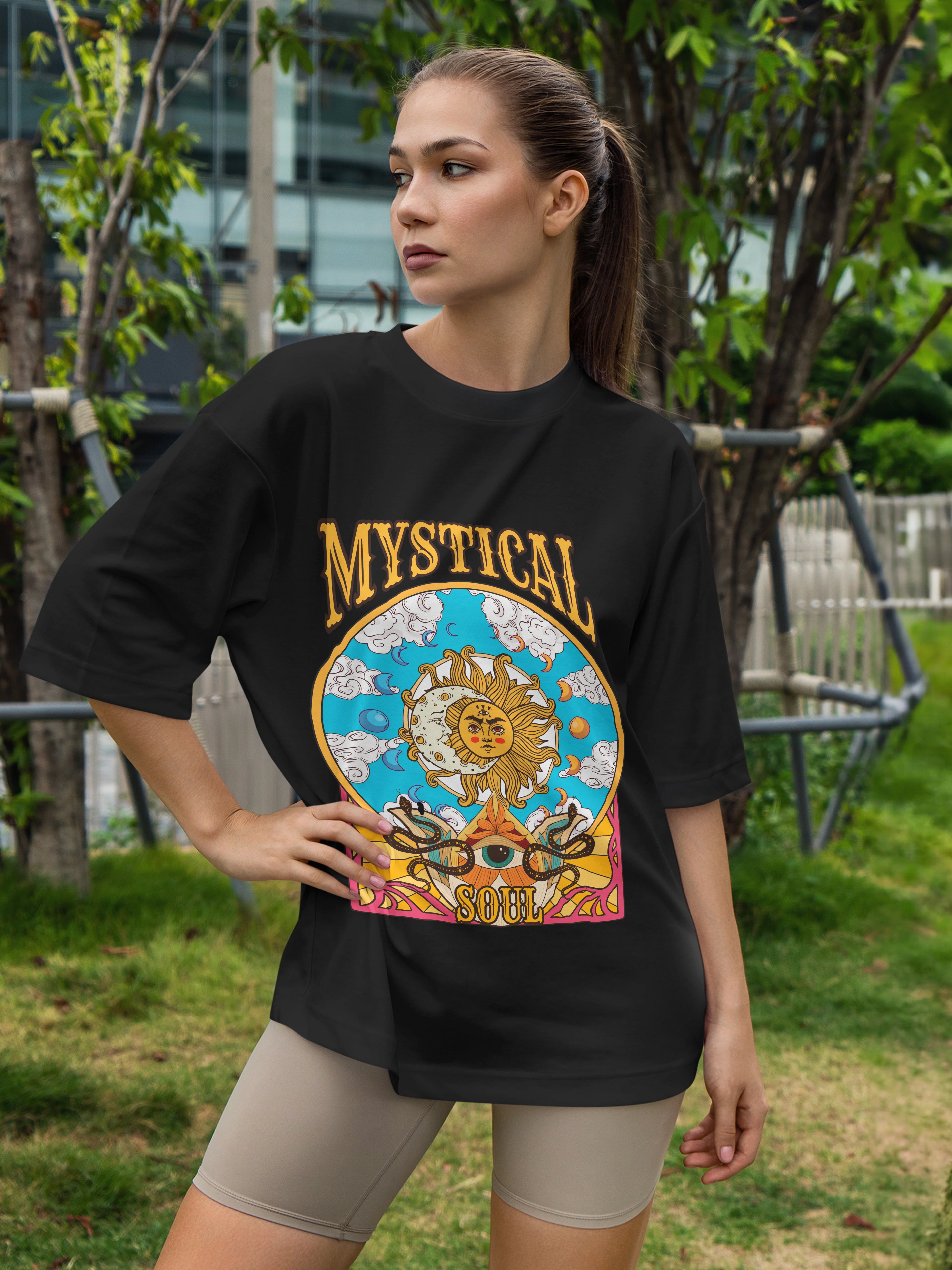 Women's Printed Mystical Soul Oversized Black Cotton T-shirt