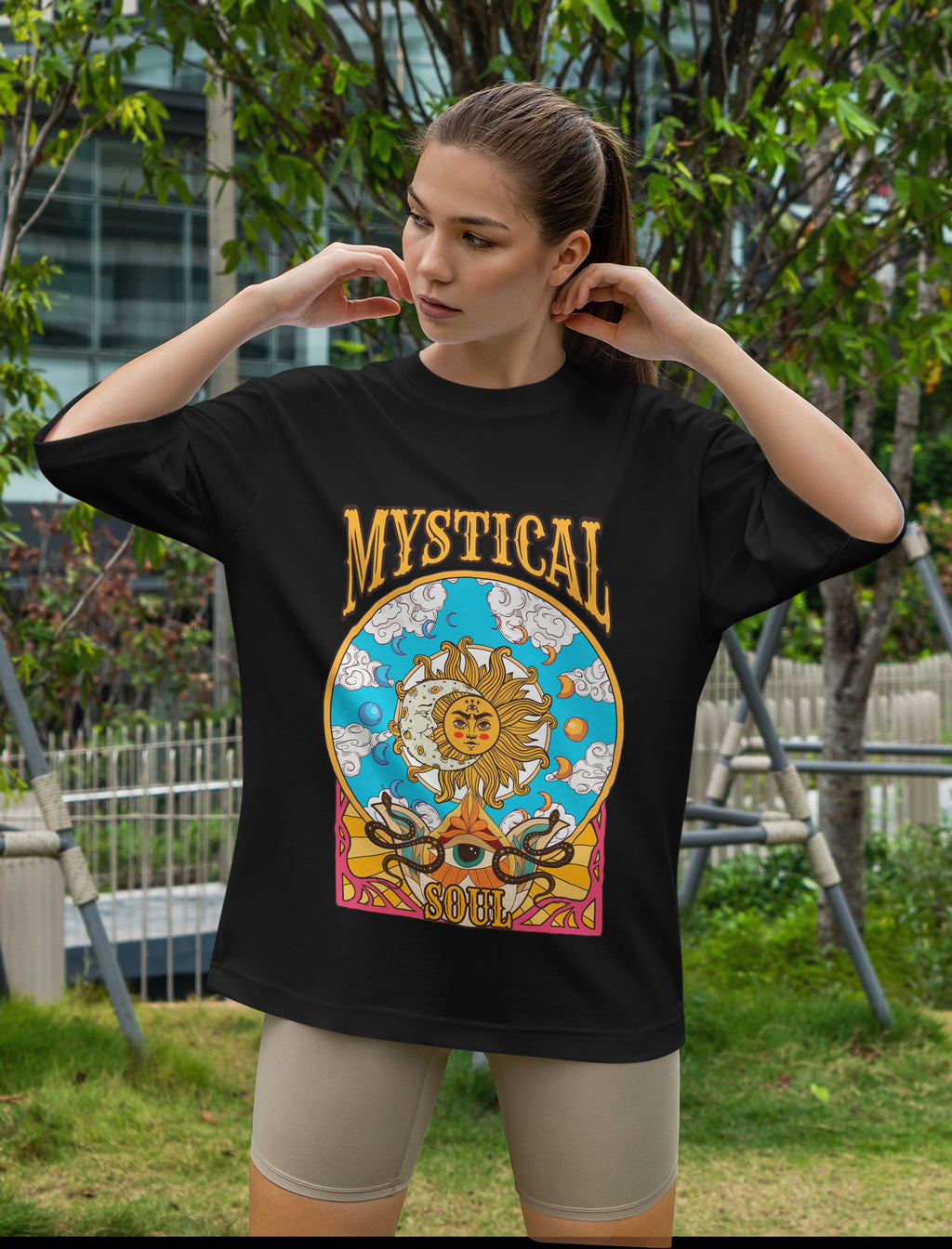 Women's Printed Mystical Soul Oversized Black Cotton T-shirt