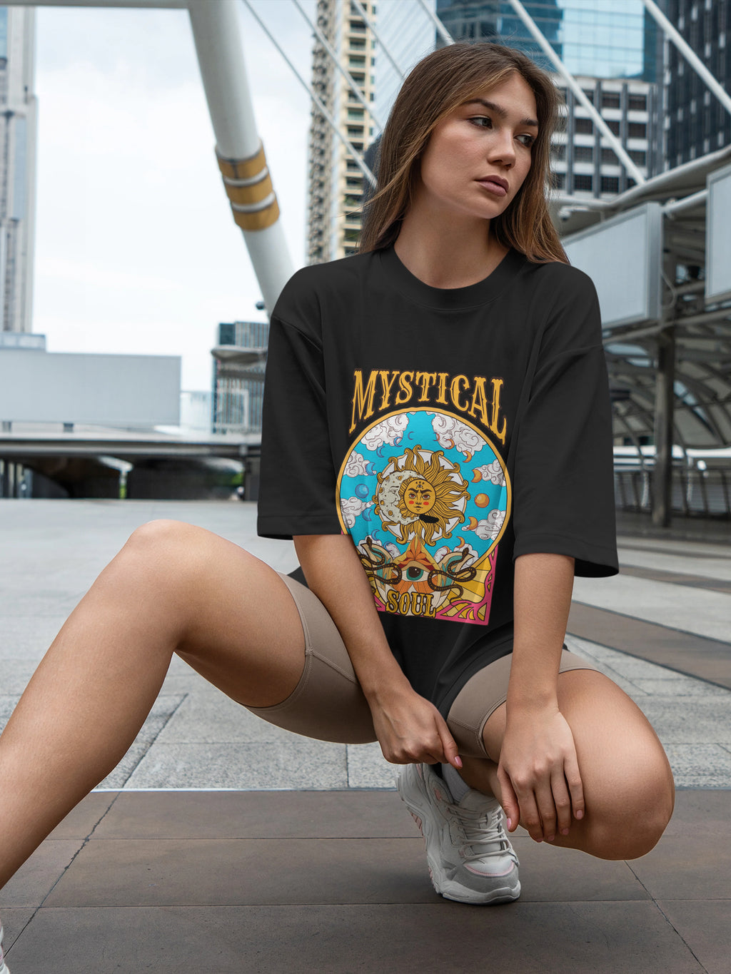 Women's Printed Mystical Soul Oversized Black Cotton T-shirt