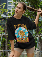 Women's Printed Mystical Soul Oversized Black Cotton T-shirt