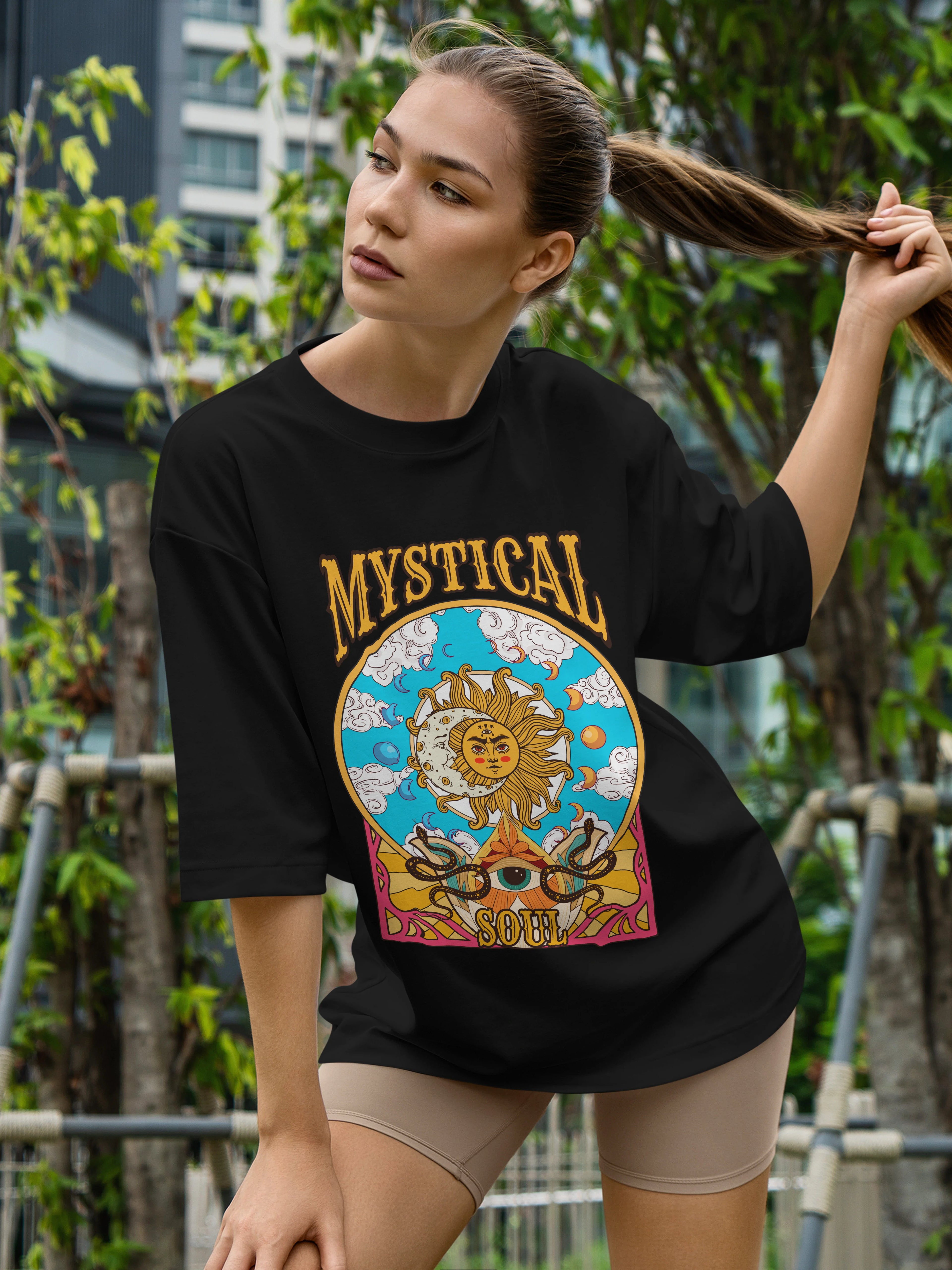 Women's Printed Mystical Soul Oversized Black Cotton T-shirt