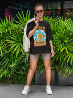 Women's Printed Mystical Soul Oversized Black Cotton T-shirt