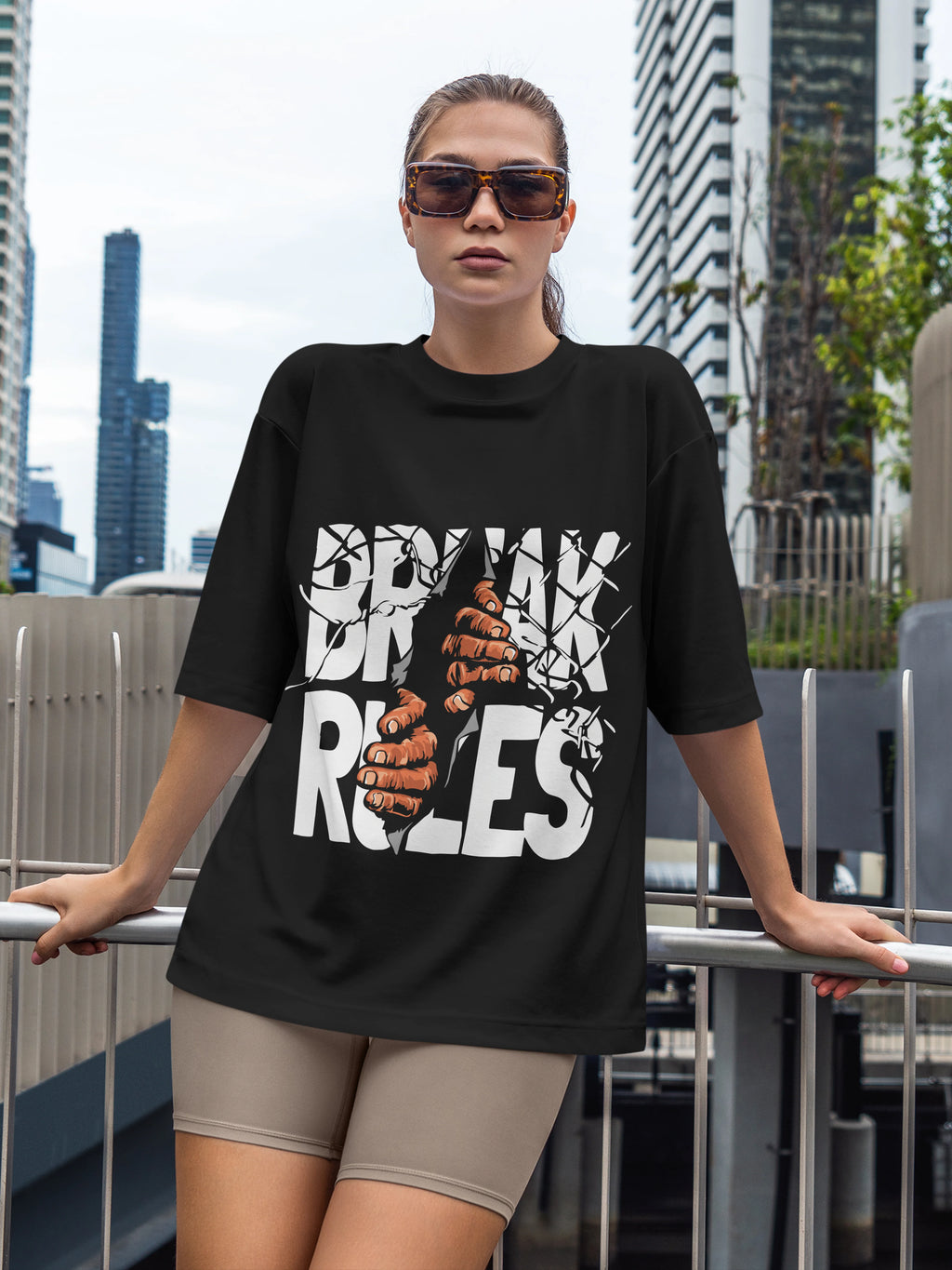 Women's Printed Break Rules Oversized Black Cotton T-shirt
