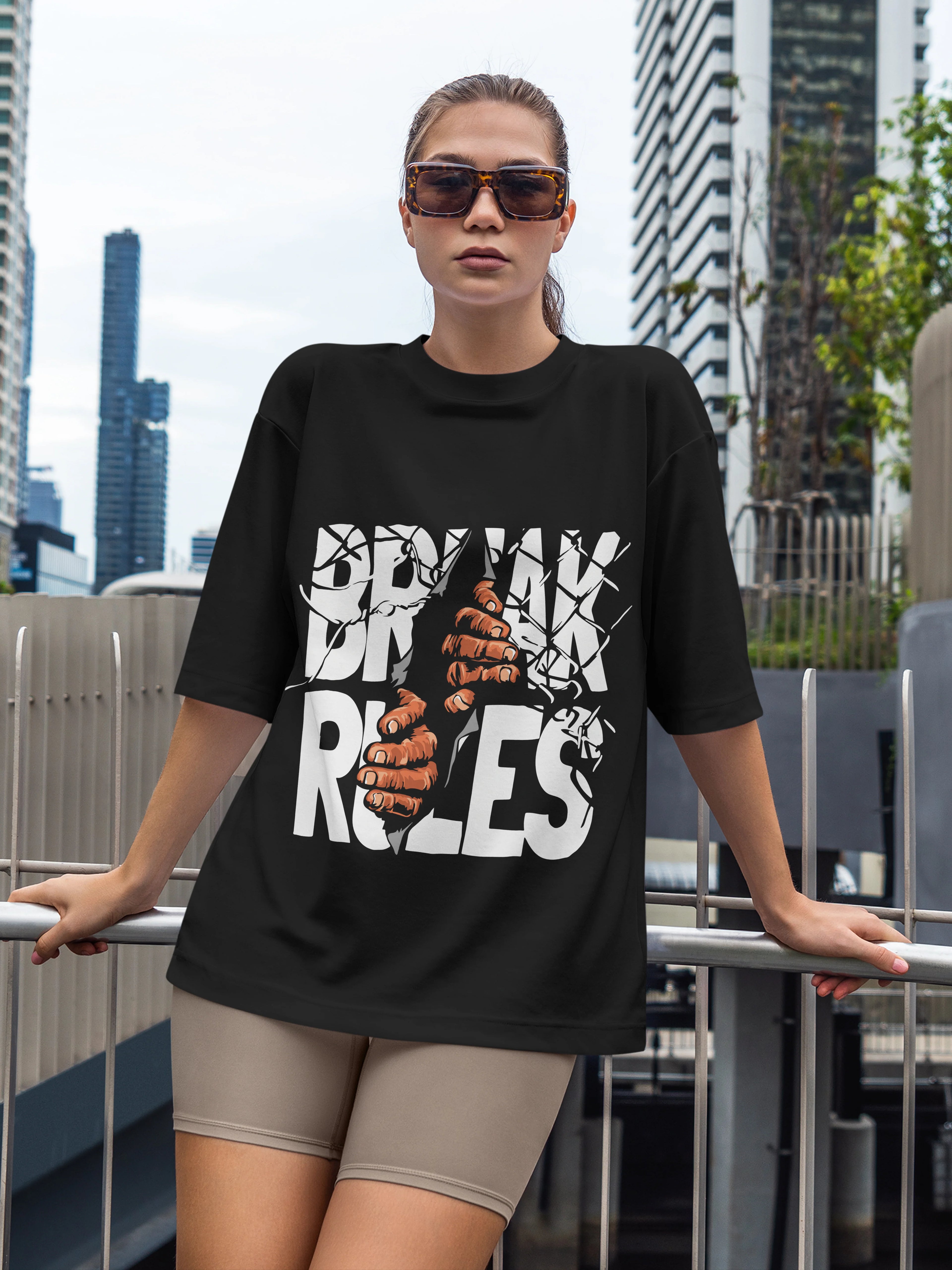 Women's Printed Break Rules Oversized Black Cotton T-shirt
