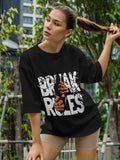 Women's Printed Break Rules Oversized Black Cotton T-shirt