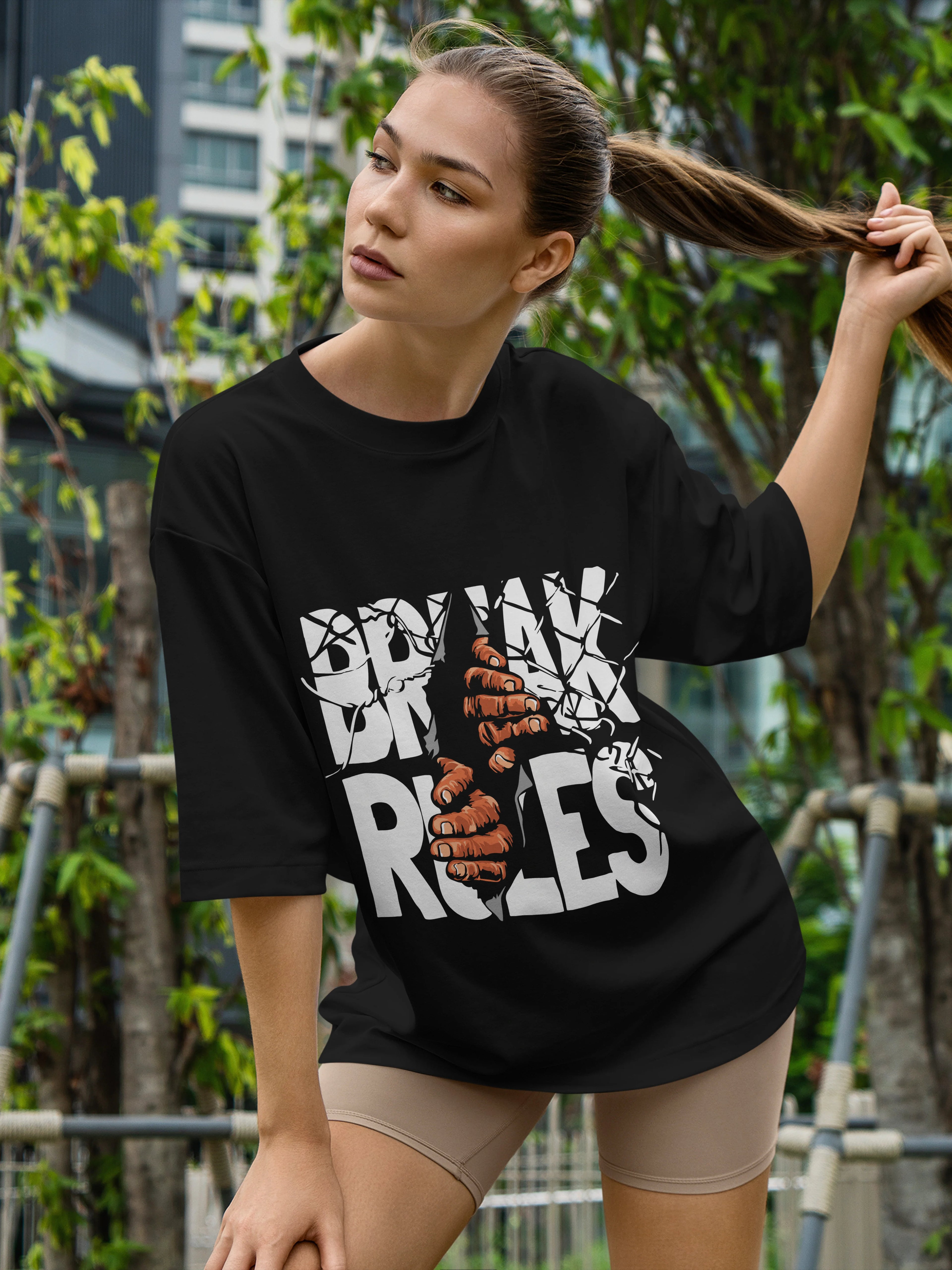 Women's Printed Break Rules Oversized Black Cotton T-shirt