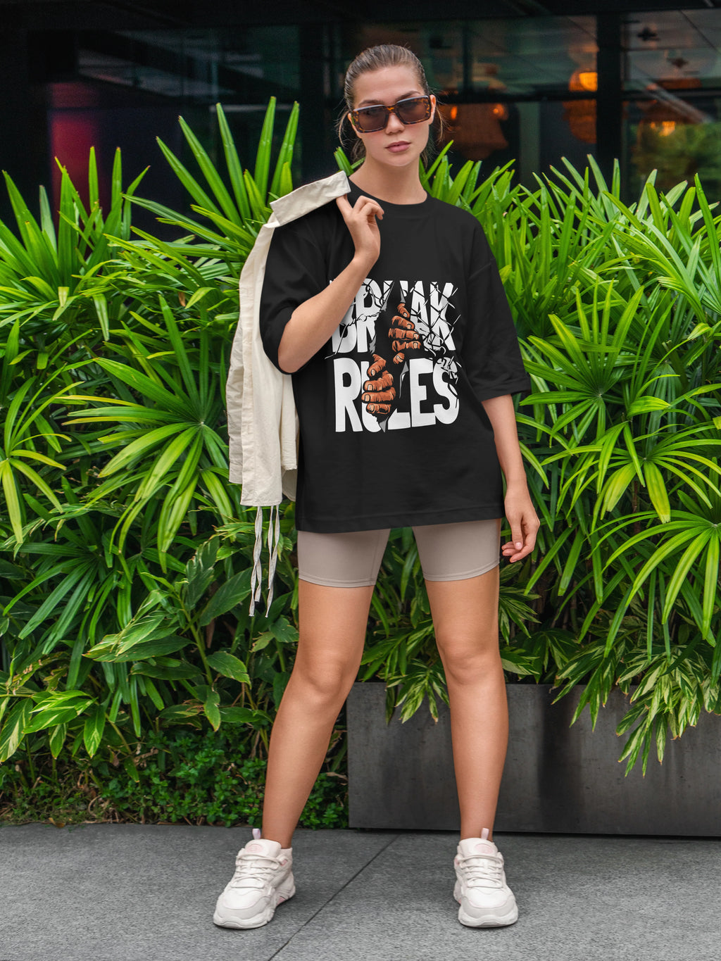 Women's Printed Break Rules Oversized Black Cotton T-shirt