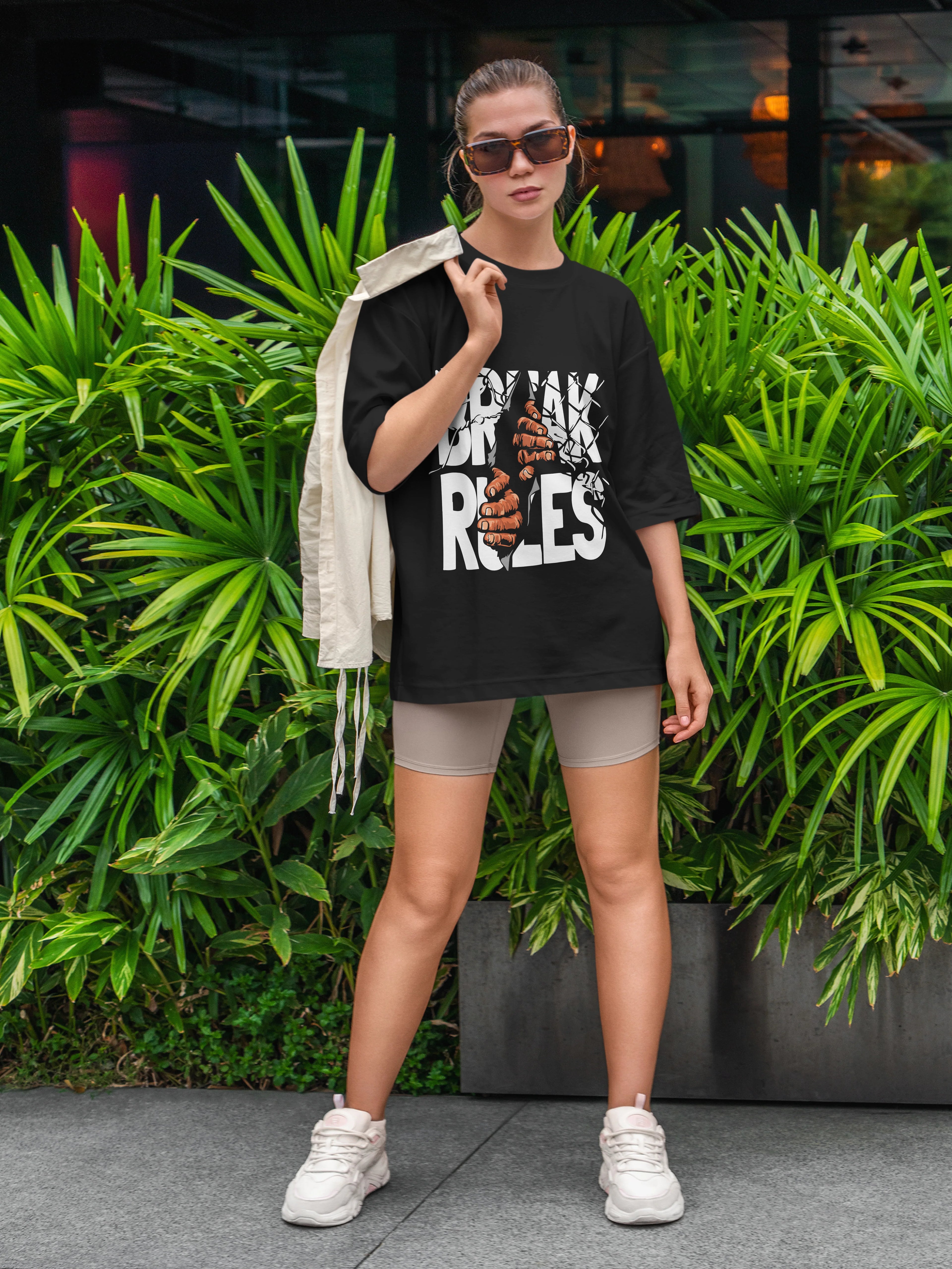 Women's Printed Break Rules Oversized Black Cotton T-shirt