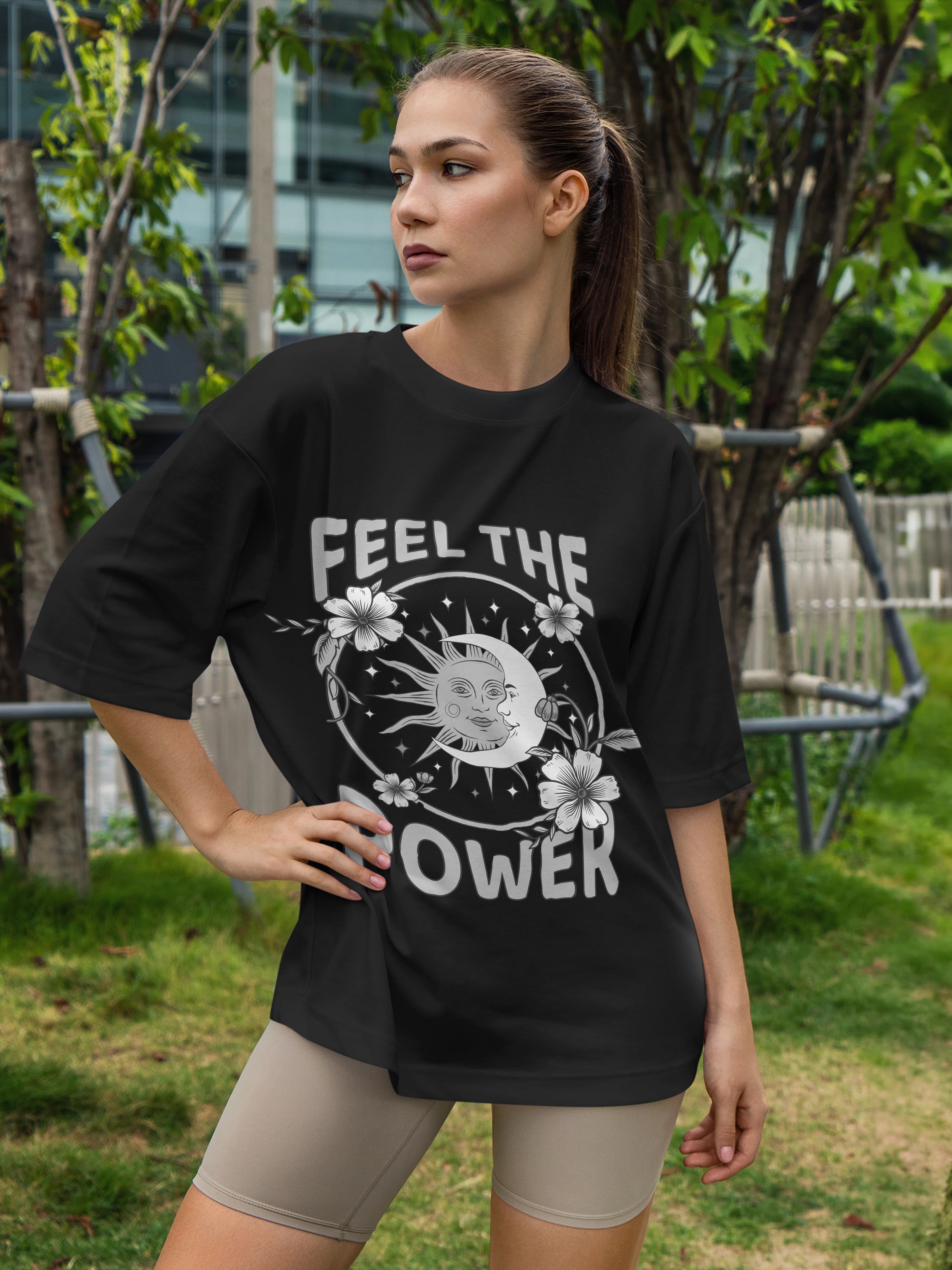 Women's Printed Feel The Power Oversized Black Cotton T-shirt