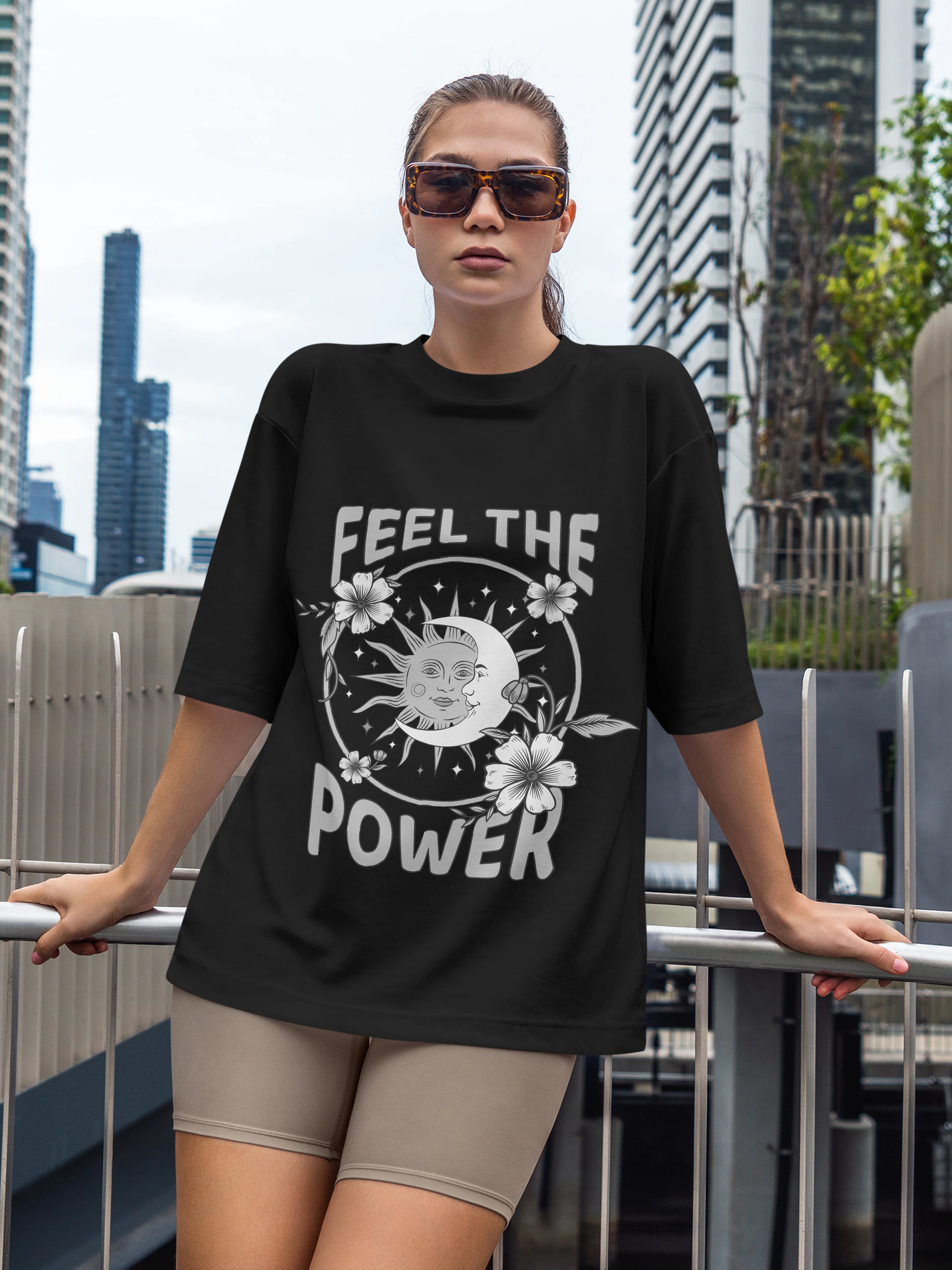 Women's Printed Feel The Power Oversized Black Cotton T-shirt