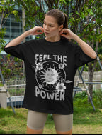 Women's Printed Feel The Power Oversized Black Cotton T-shirt
