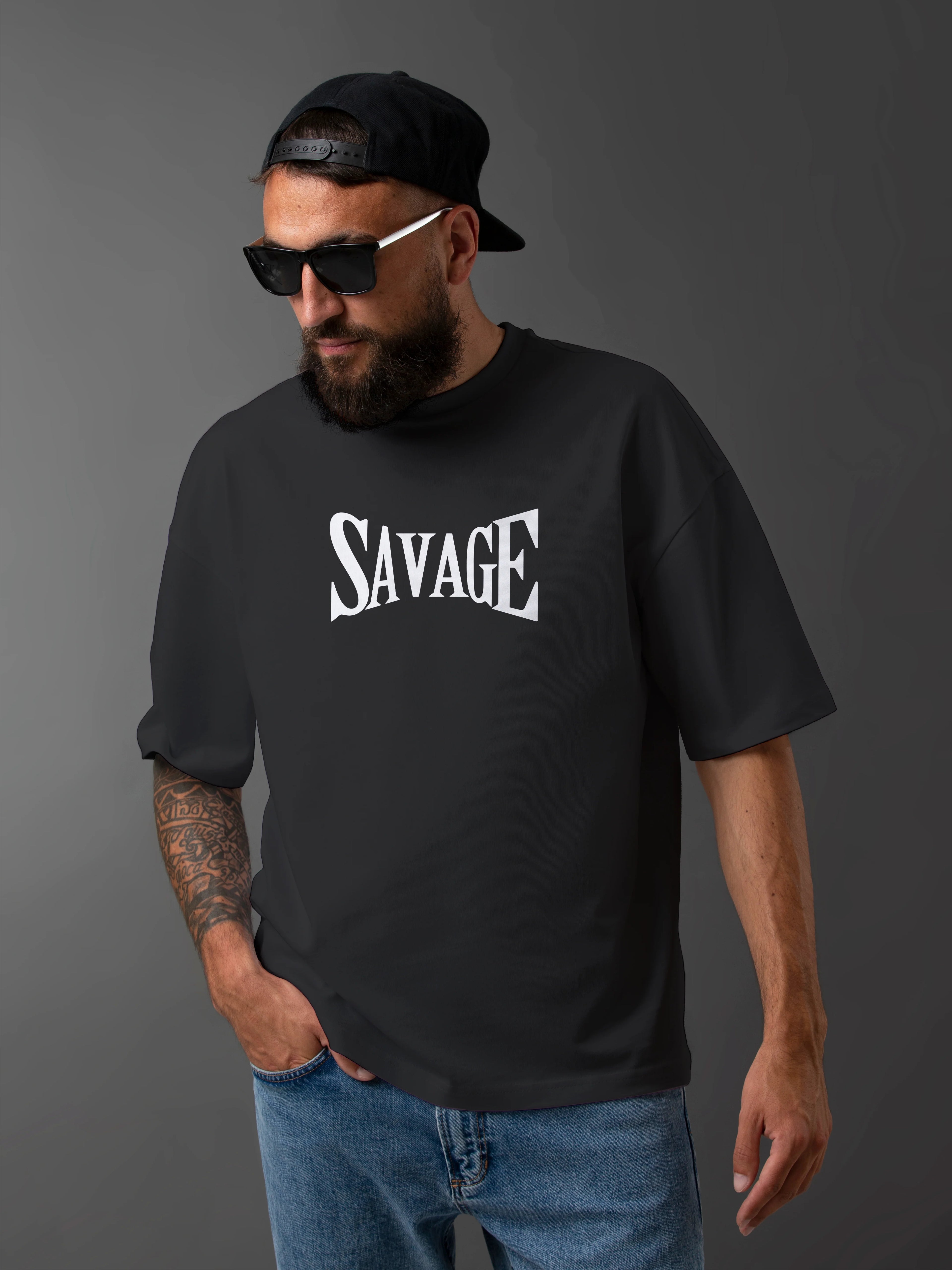 Men's Graphic Printed Oversized Cotton T-shirt: SAVAGE