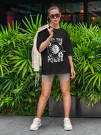 Women's Printed Feel The Power Oversized Black Cotton T-shirt
