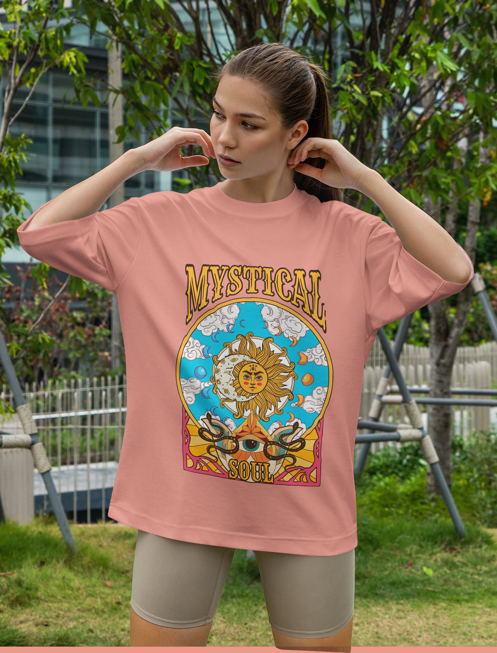 Women's Printed Mystical Soul Oversized Onion Pink Cotton T-shirt