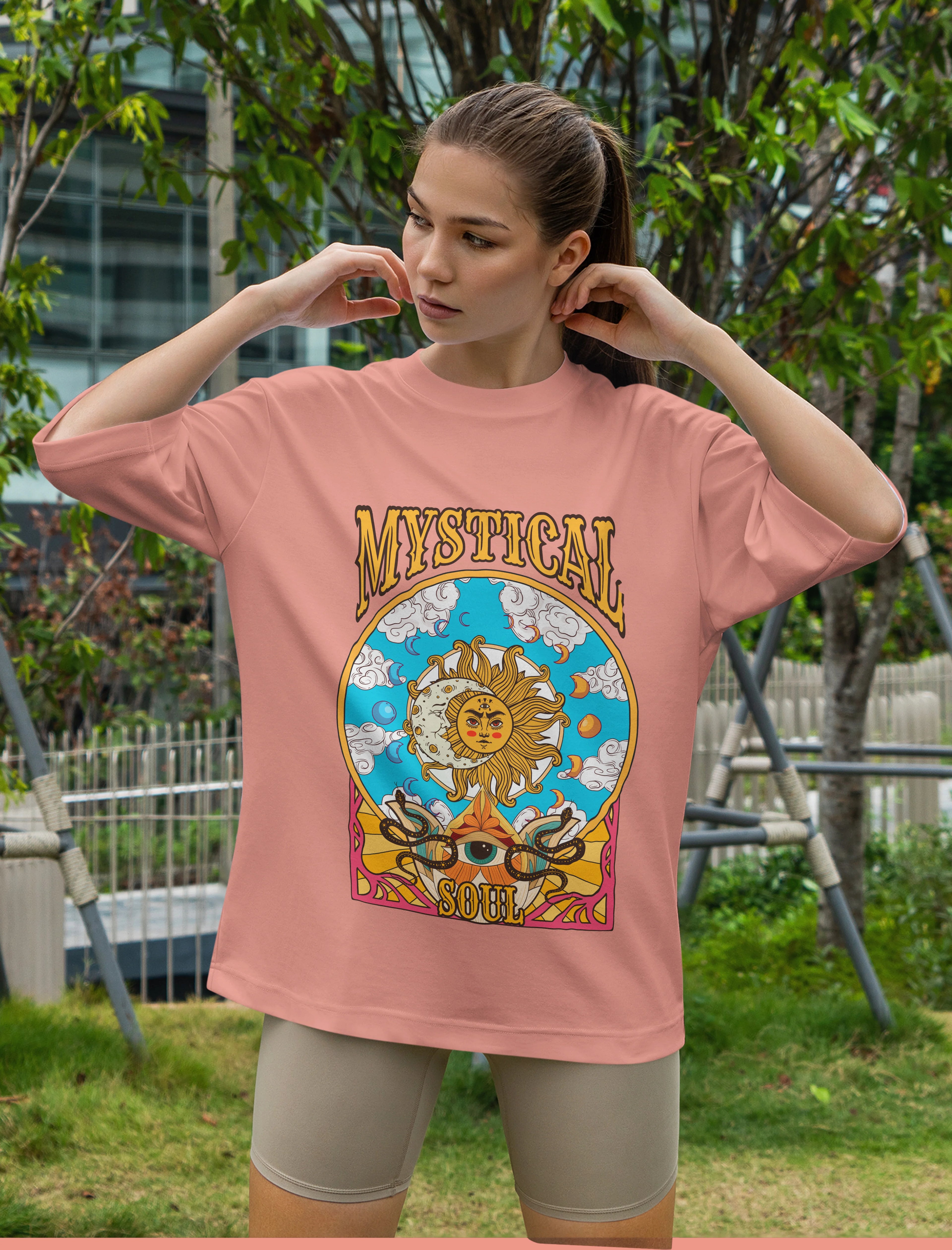Women's Printed Mystical Soul Oversized Onion Pink Cotton T-shirt
