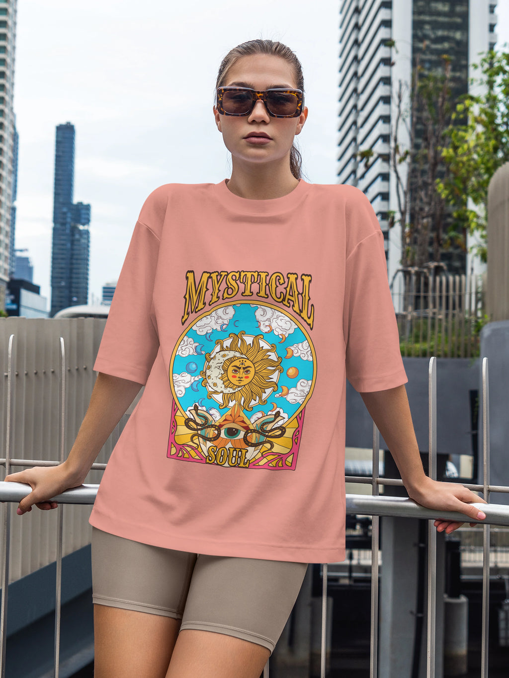 Women's Printed Mystical Soul Oversized Onion Pink Cotton T-shirt