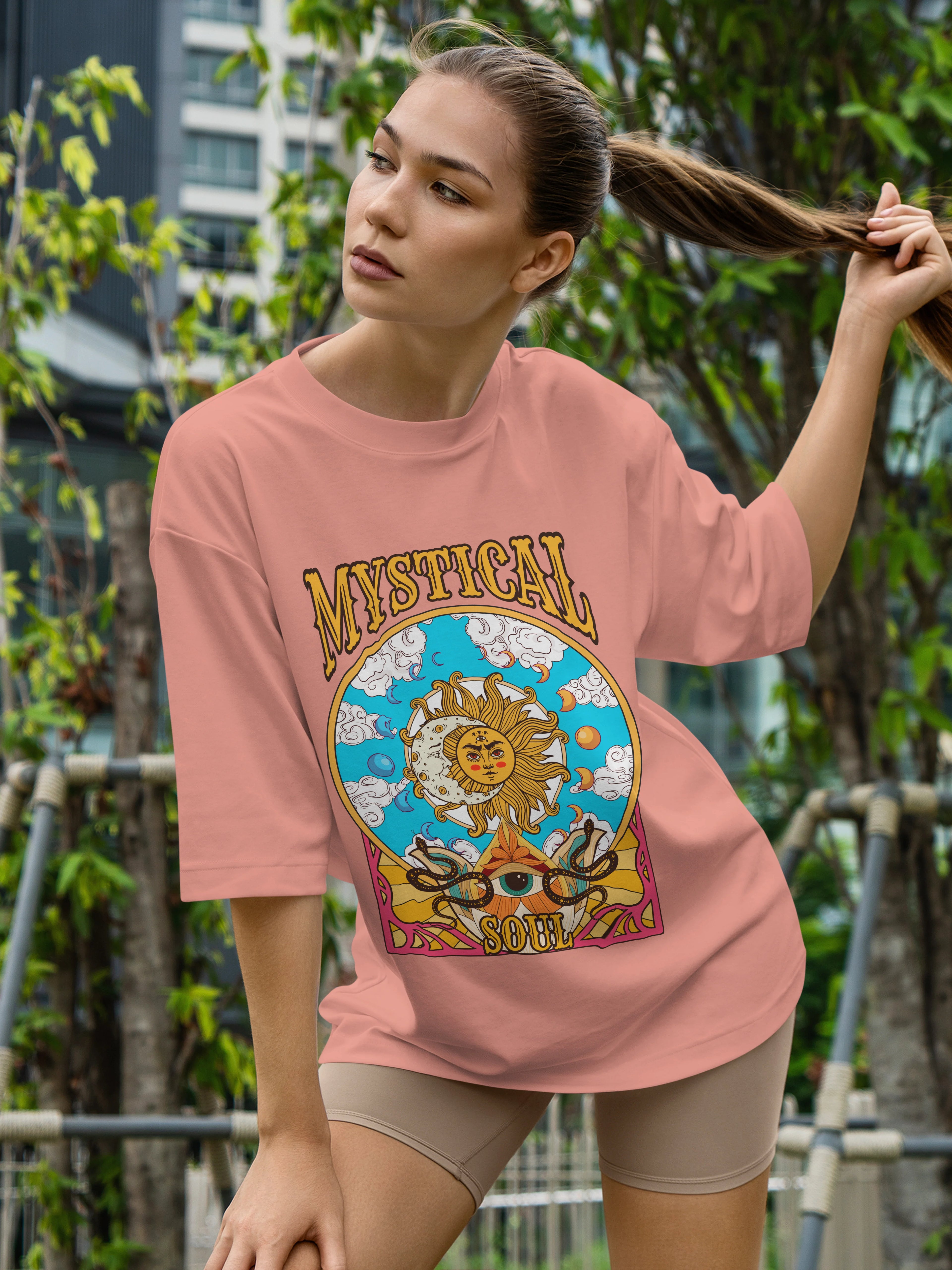 Women's Printed Mystical Soul Oversized Onion Pink Cotton T-shirt