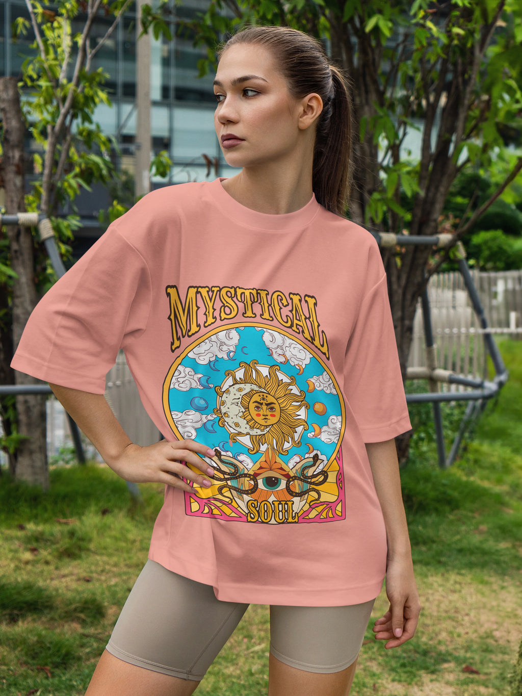 Women's Printed Mystical Soul Oversized Onion Pink Cotton T-shirt