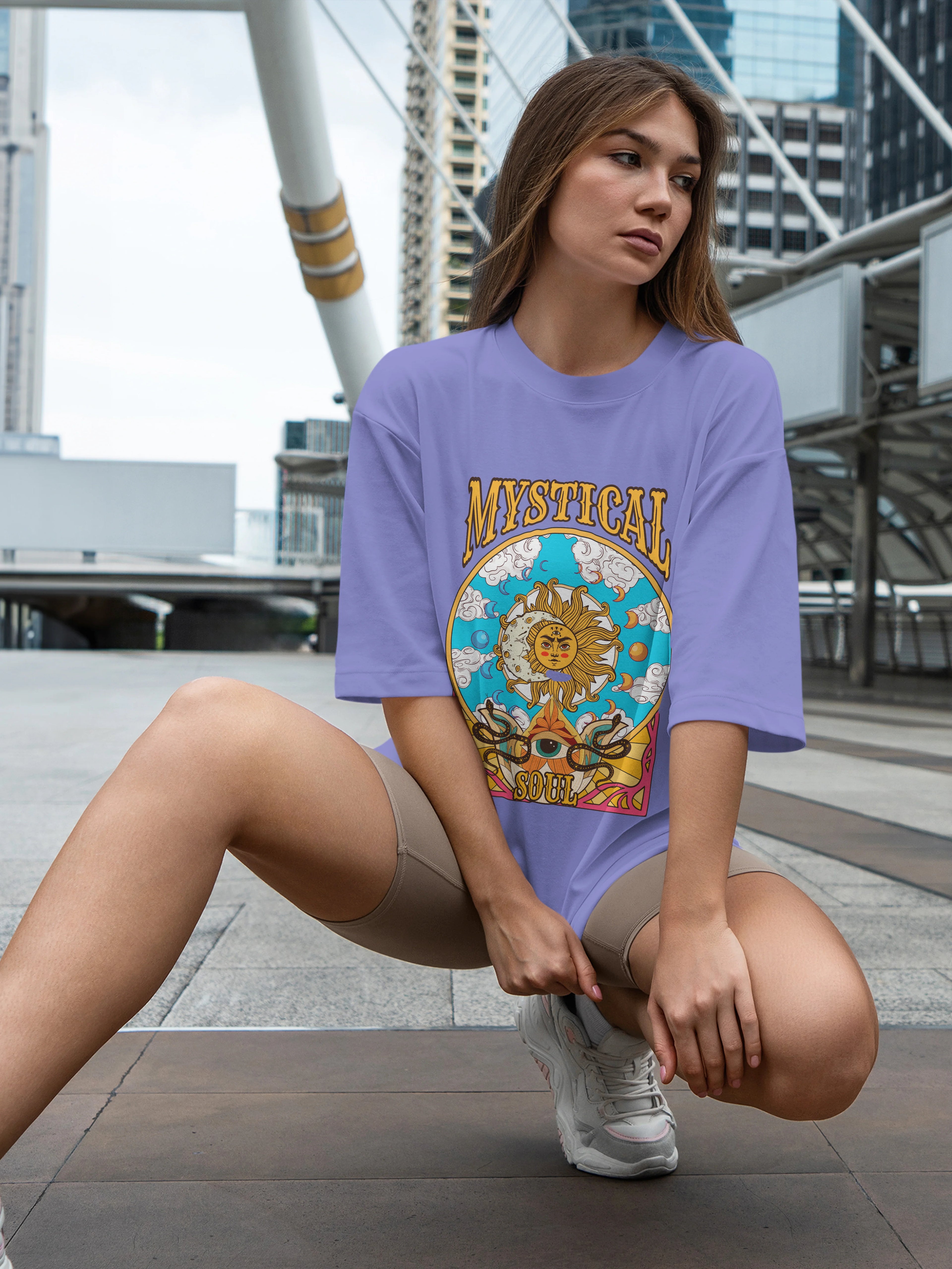 Women's Printed Mystical Soul Oversized Lavender Cotton T-shirt