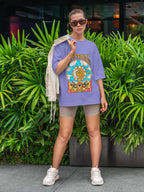 Women's Printed Mystical Soul Oversized Lavender Cotton T-shirt