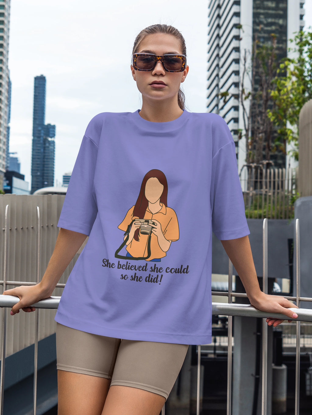 Women's She Believed Quote Printed Oversized Lavender Cotton T-shirt