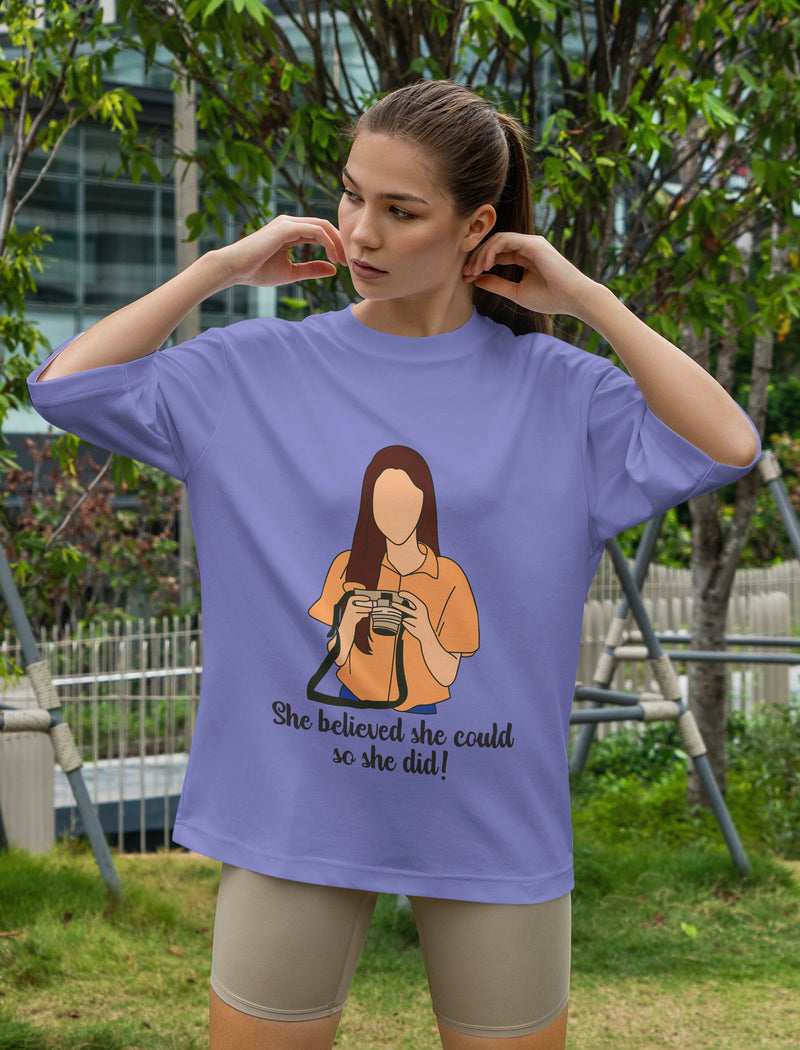 Women's She Believed Quote Printed Oversized Lavender Cotton T-shirt