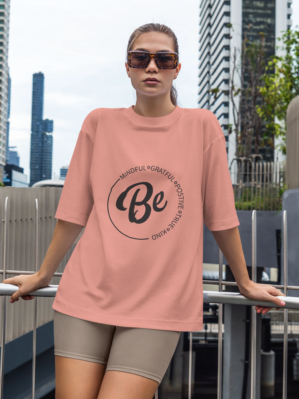 Women's Be Positive Quote Printed Oversized Onion Pink Cotton T-shirt