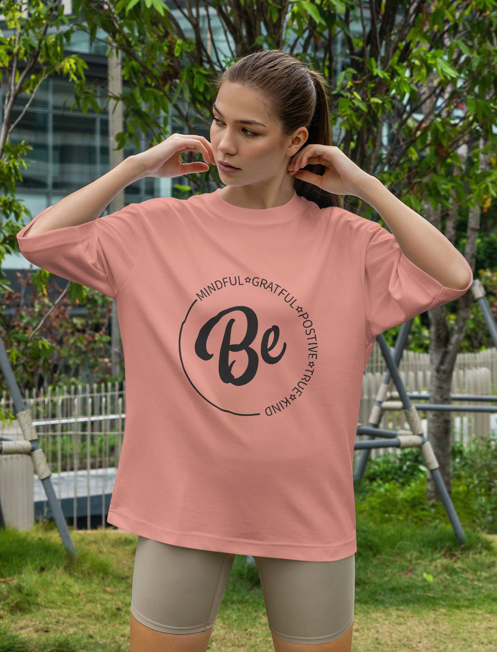 Women's Be Positive Quote Printed Oversized Onion Pink Cotton T-shirt