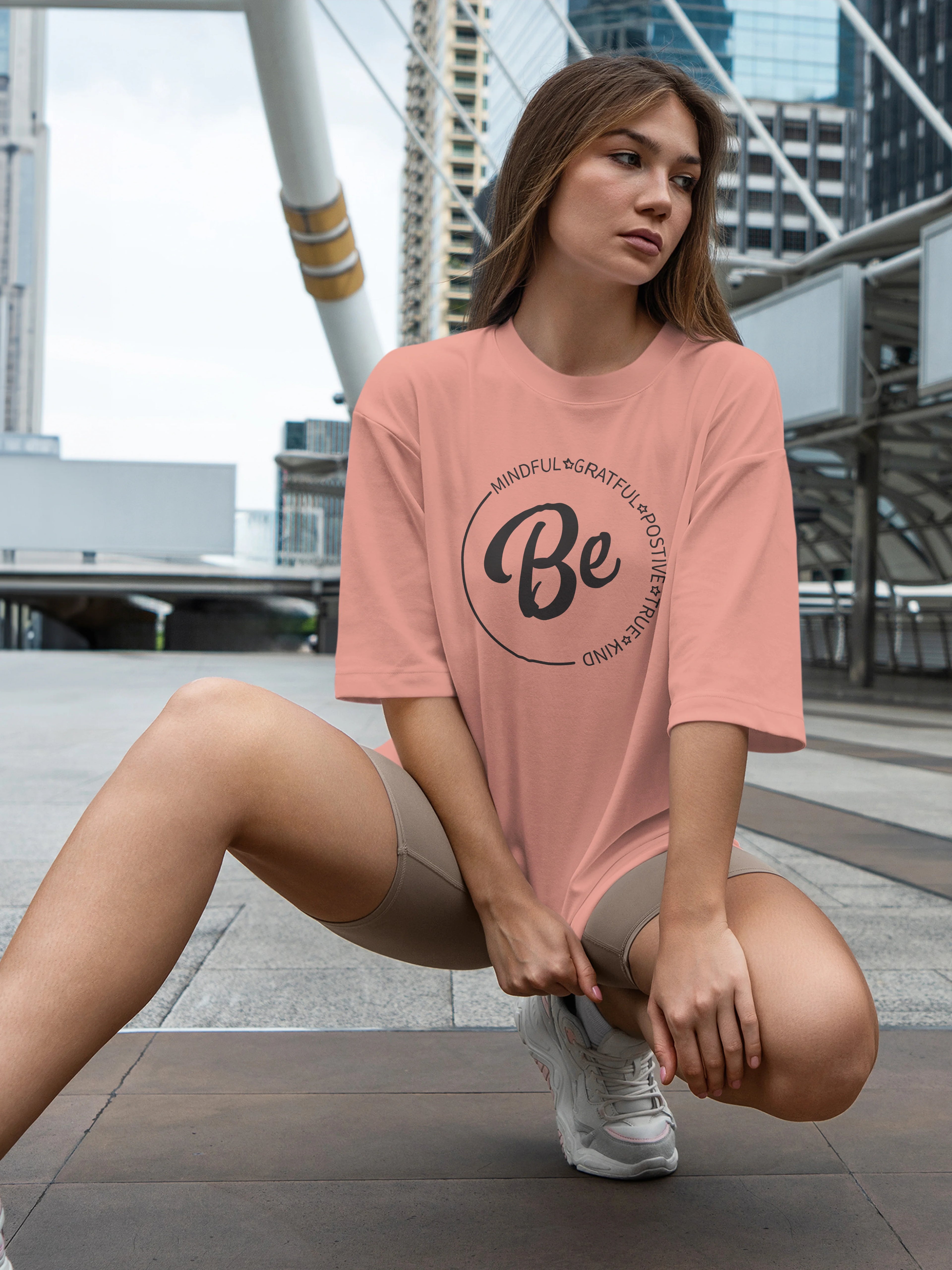 Women's Be Positive Quote Printed Oversized Onion Pink Cotton T-shirt