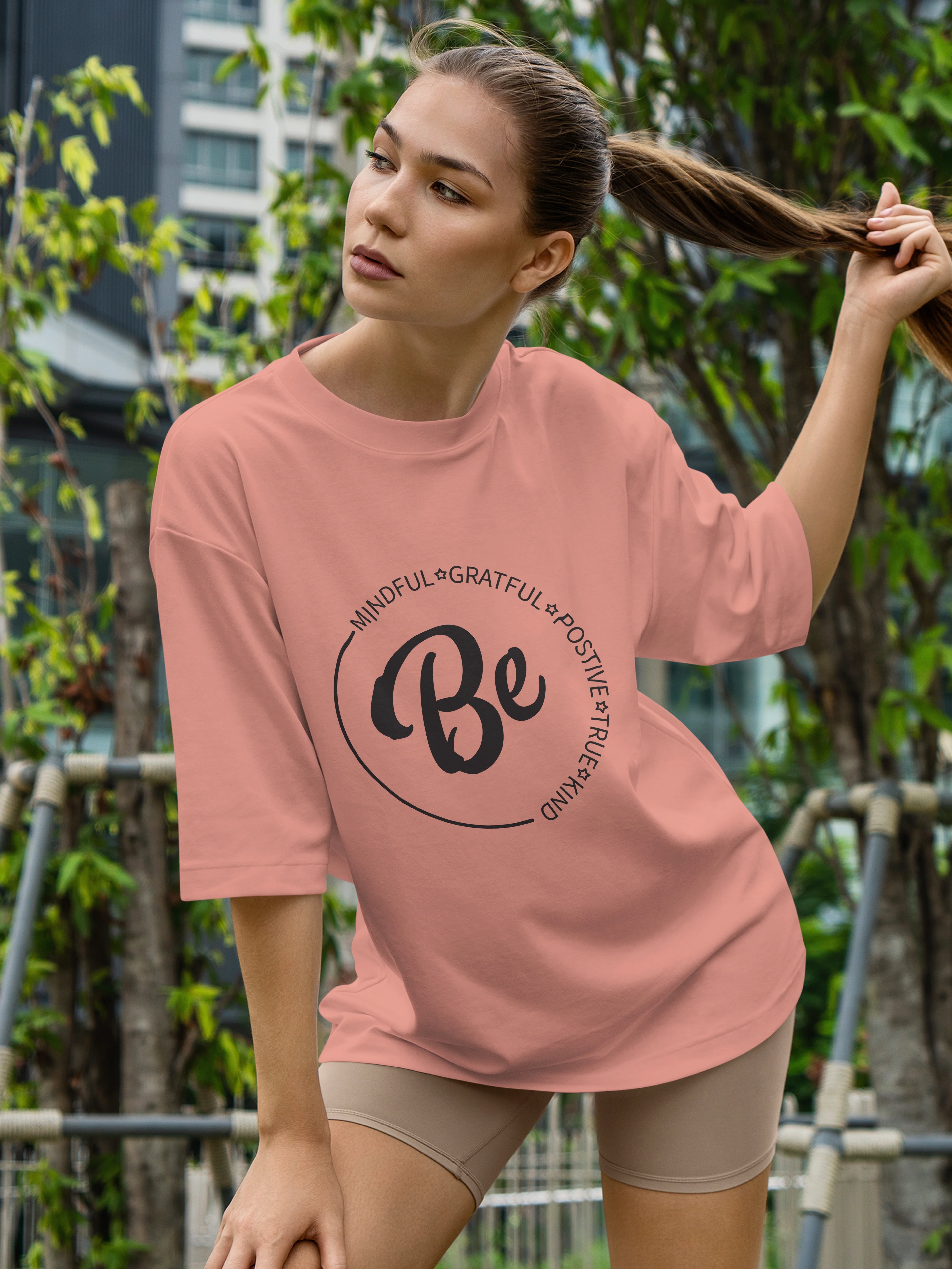 Women's Be Positive Quote Printed Oversized Onion Pink Cotton T-shirt