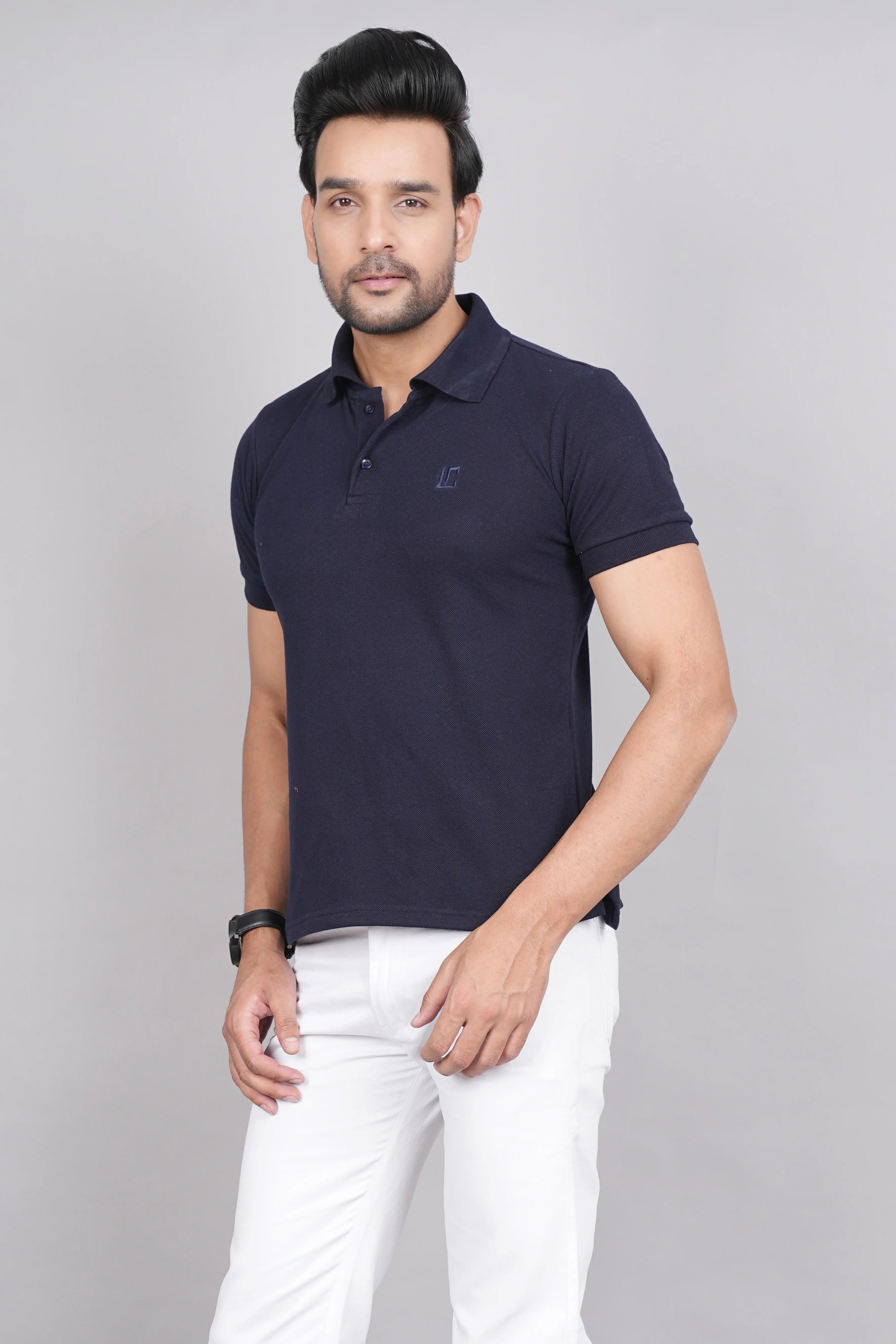 Men's Classic Solid Navy Polo Neck T-shirt