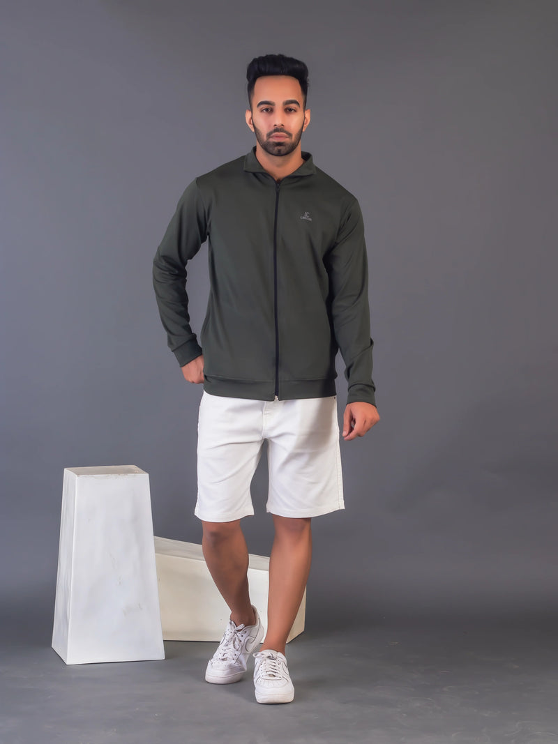 Men's Army Green 4-Way Lycra Zipper Jacket