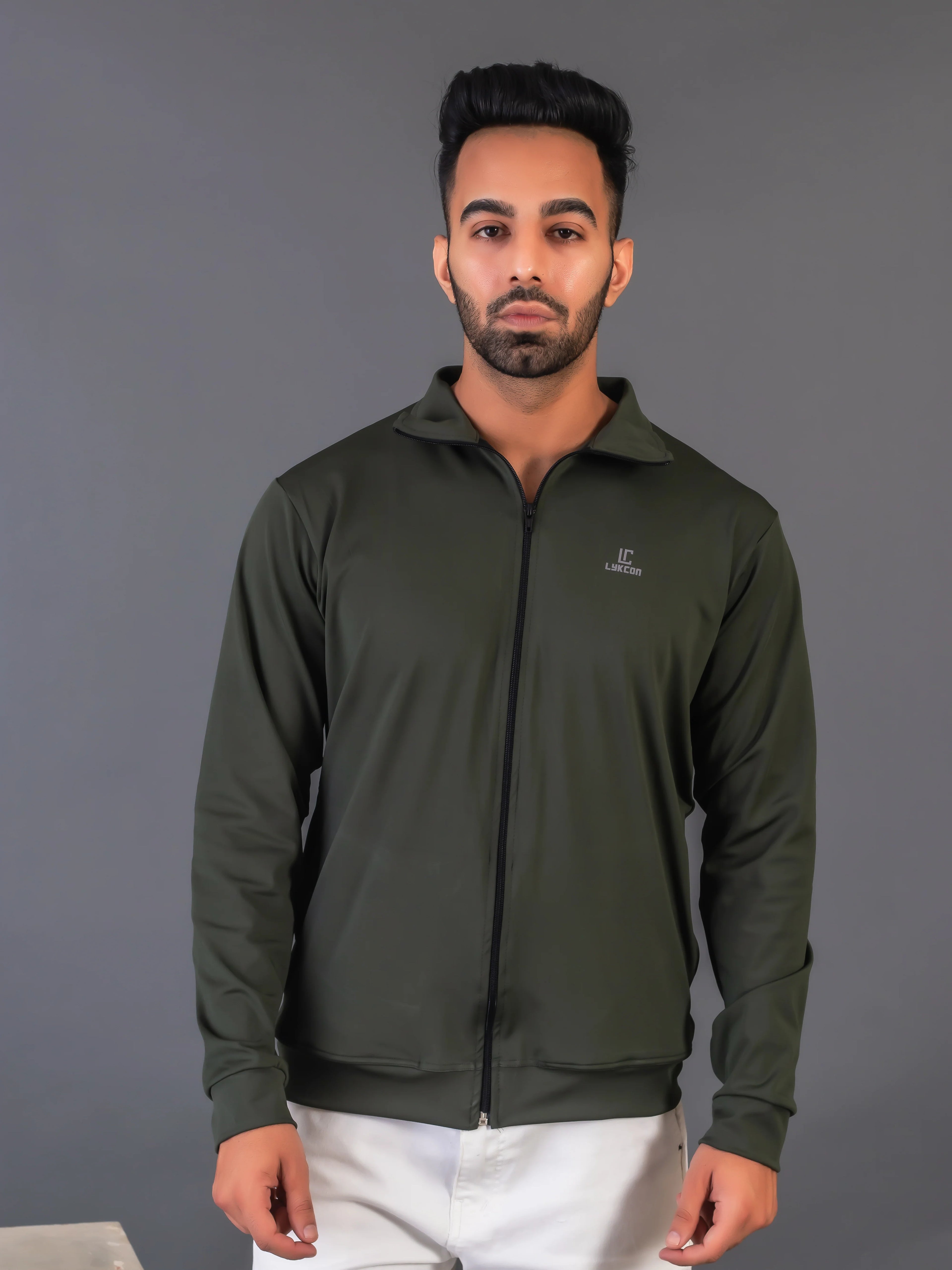 Men's Army Green 4-Way Lycra Zipper Jacket