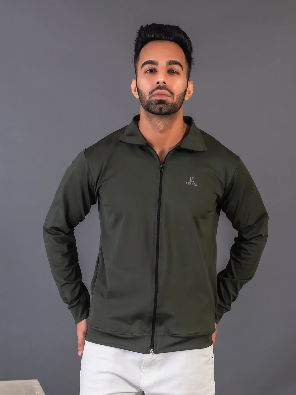 Men's Army Green 4-Way Lycra Zipper Jacket