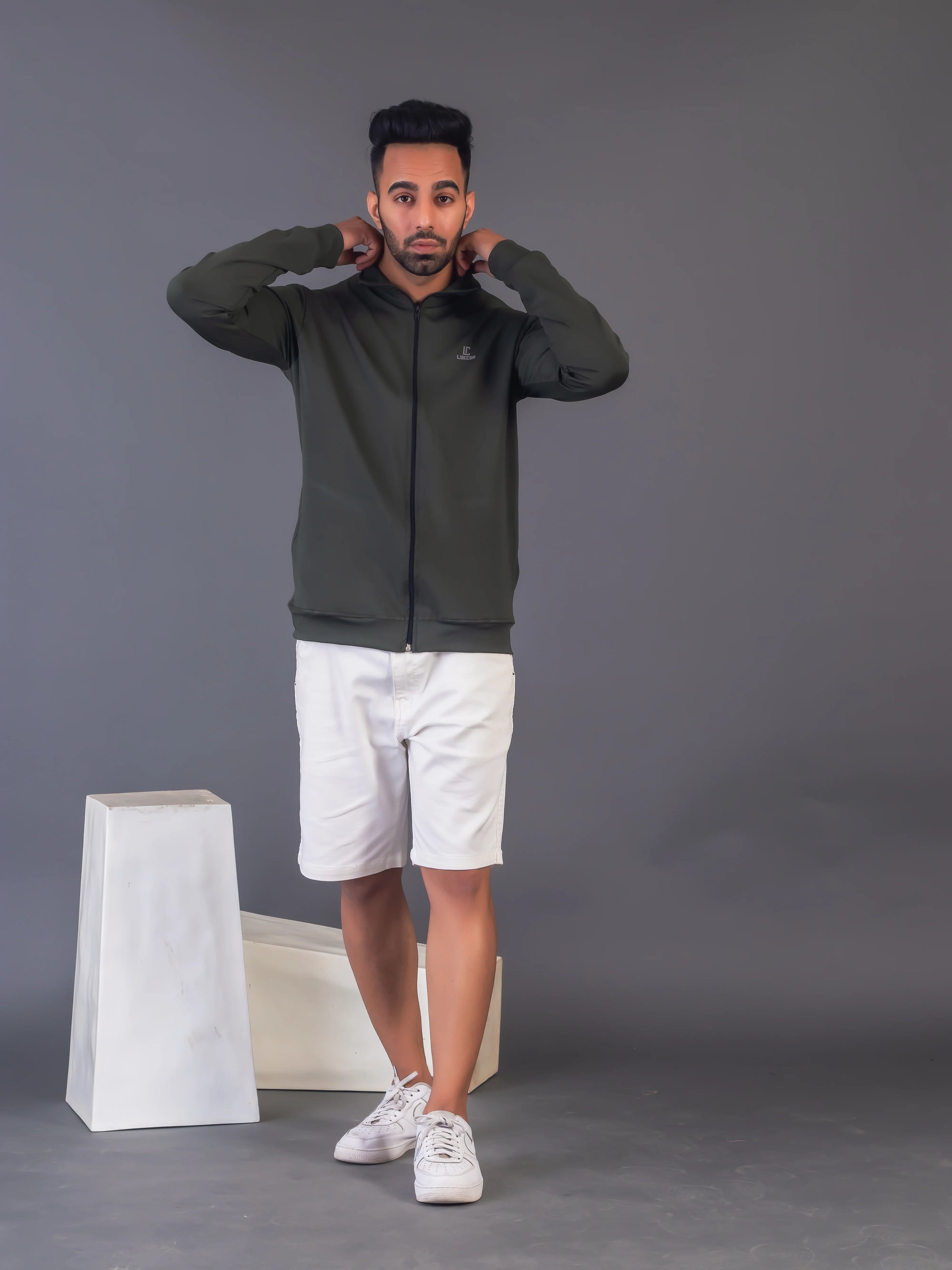 Men's Army Green 4-Way Lycra Zipper Jacket