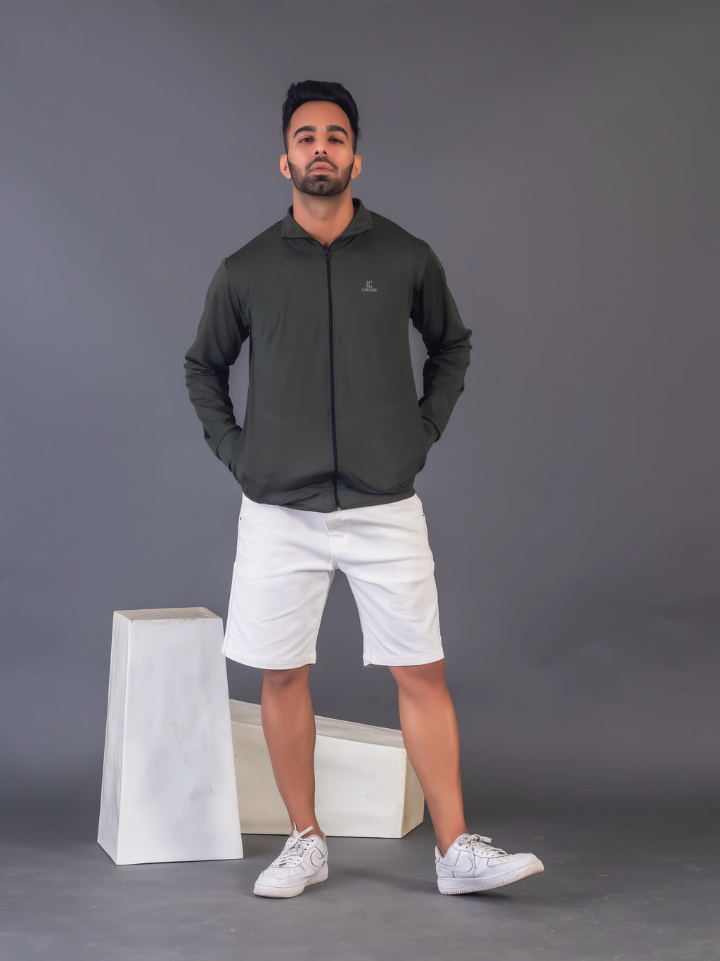 Men's Army Green 4-Way Lycra Zipper Jacket