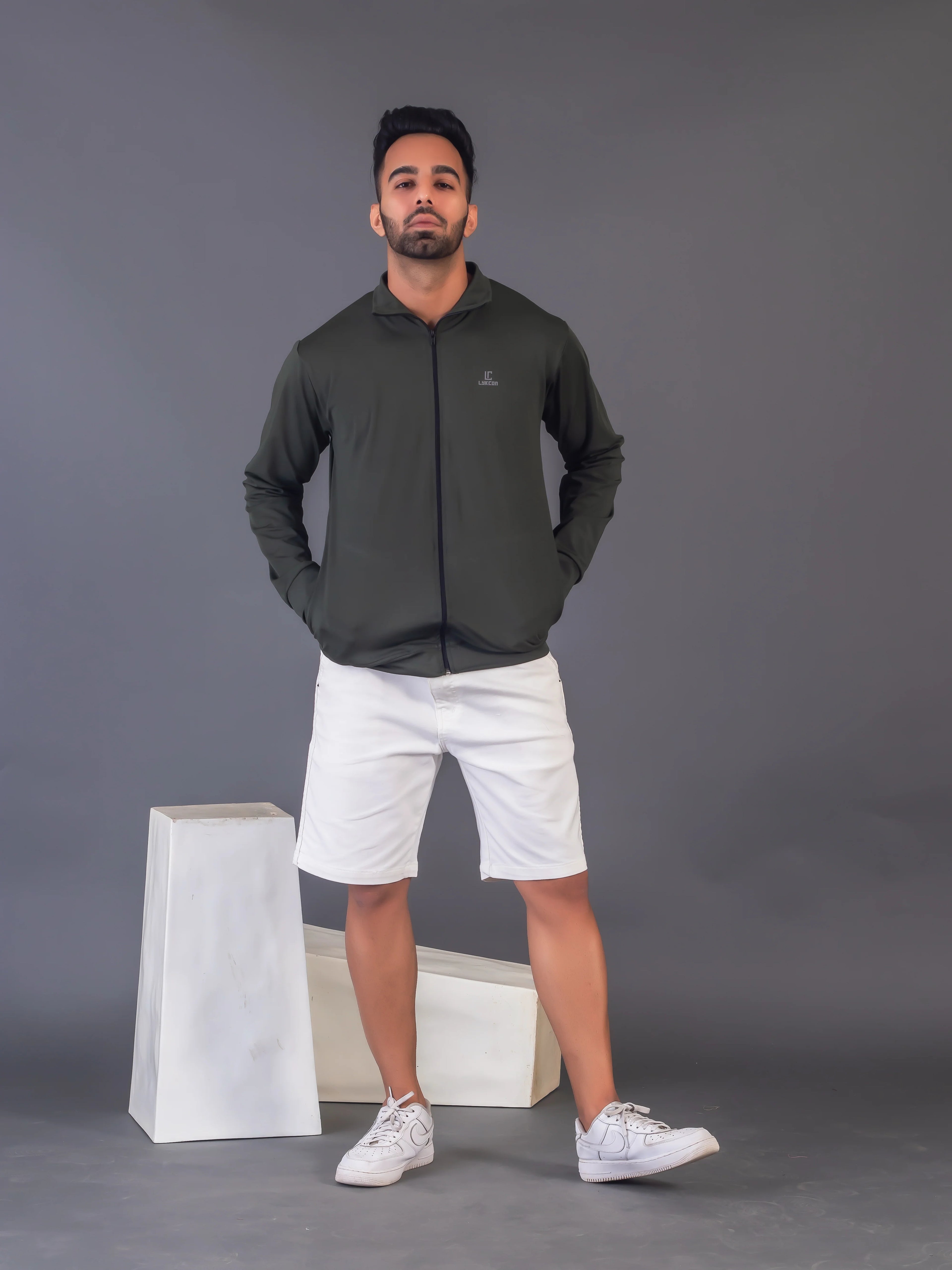 Men's Army Green 4-Way Lycra Zipper Jacket