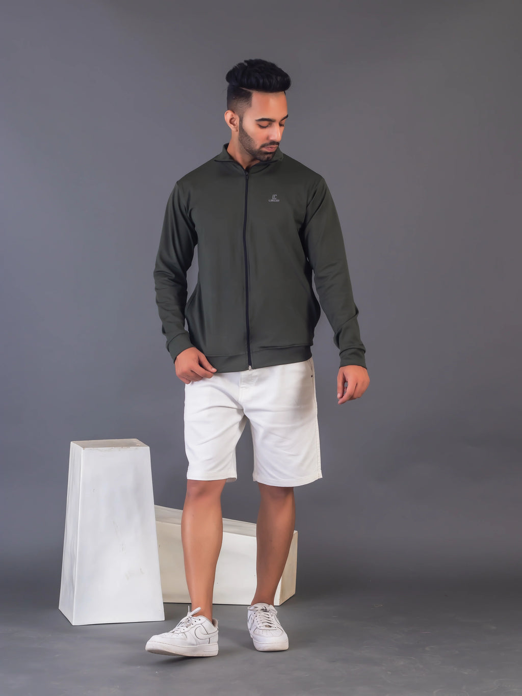 Men's Army Green 4-Way Lycra Zipper Jacket