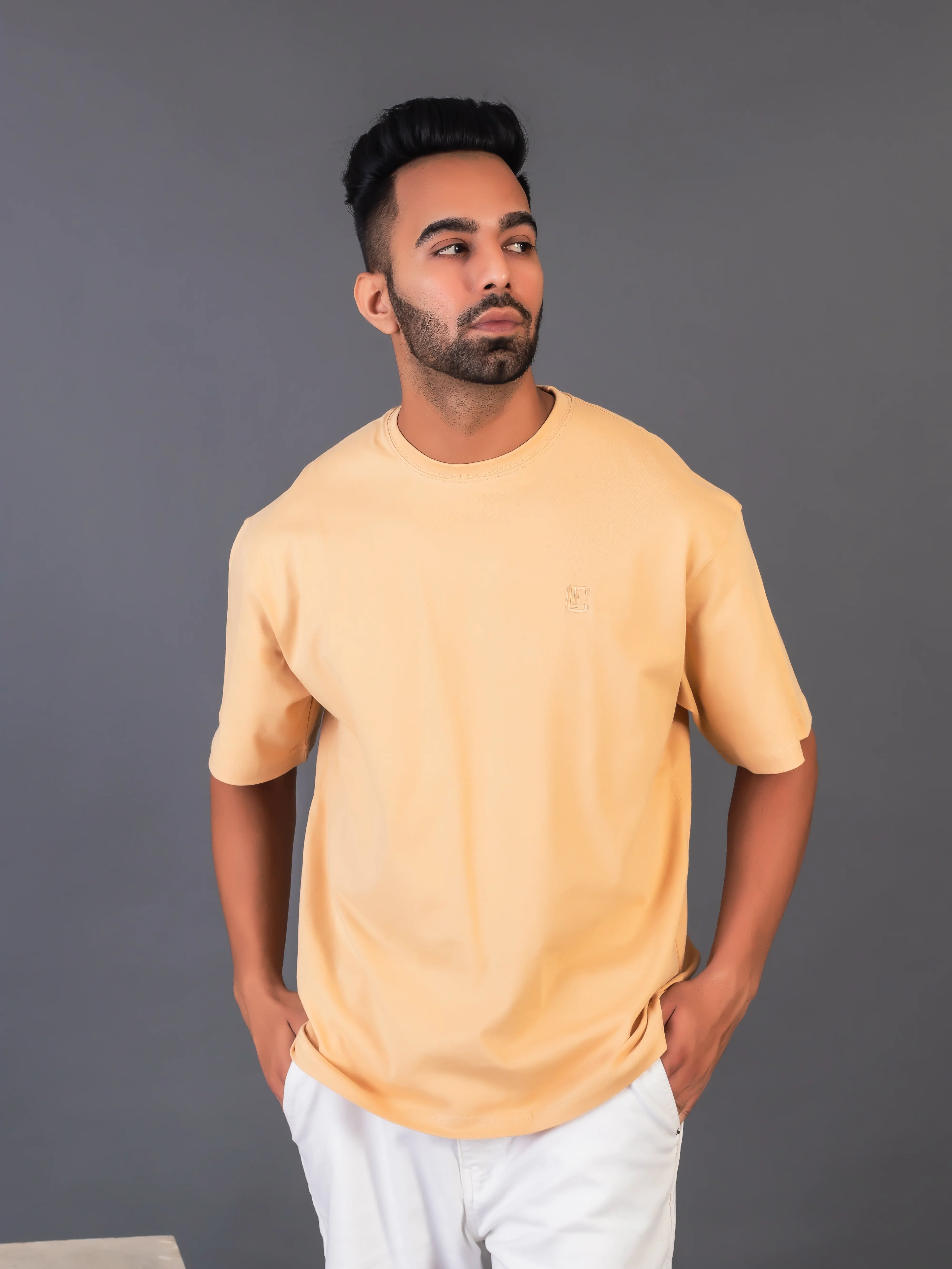 Men's Cotton Lycra Oversized Beige T-shirt