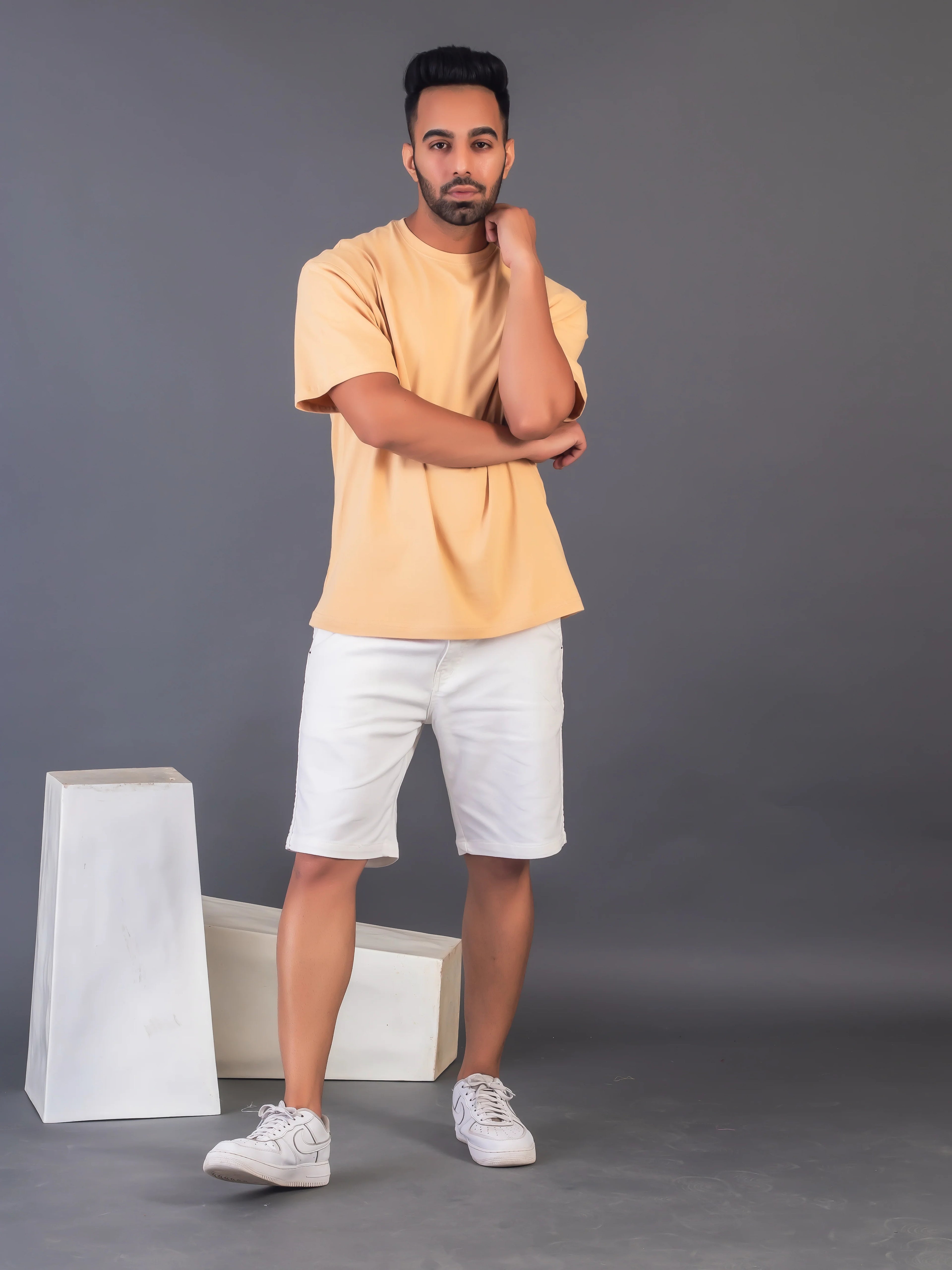 Men's Cotton Lycra Oversized Beige T-shirt