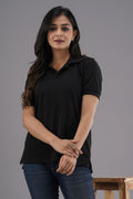 Women's Solid Black Polo Neck T-shirt