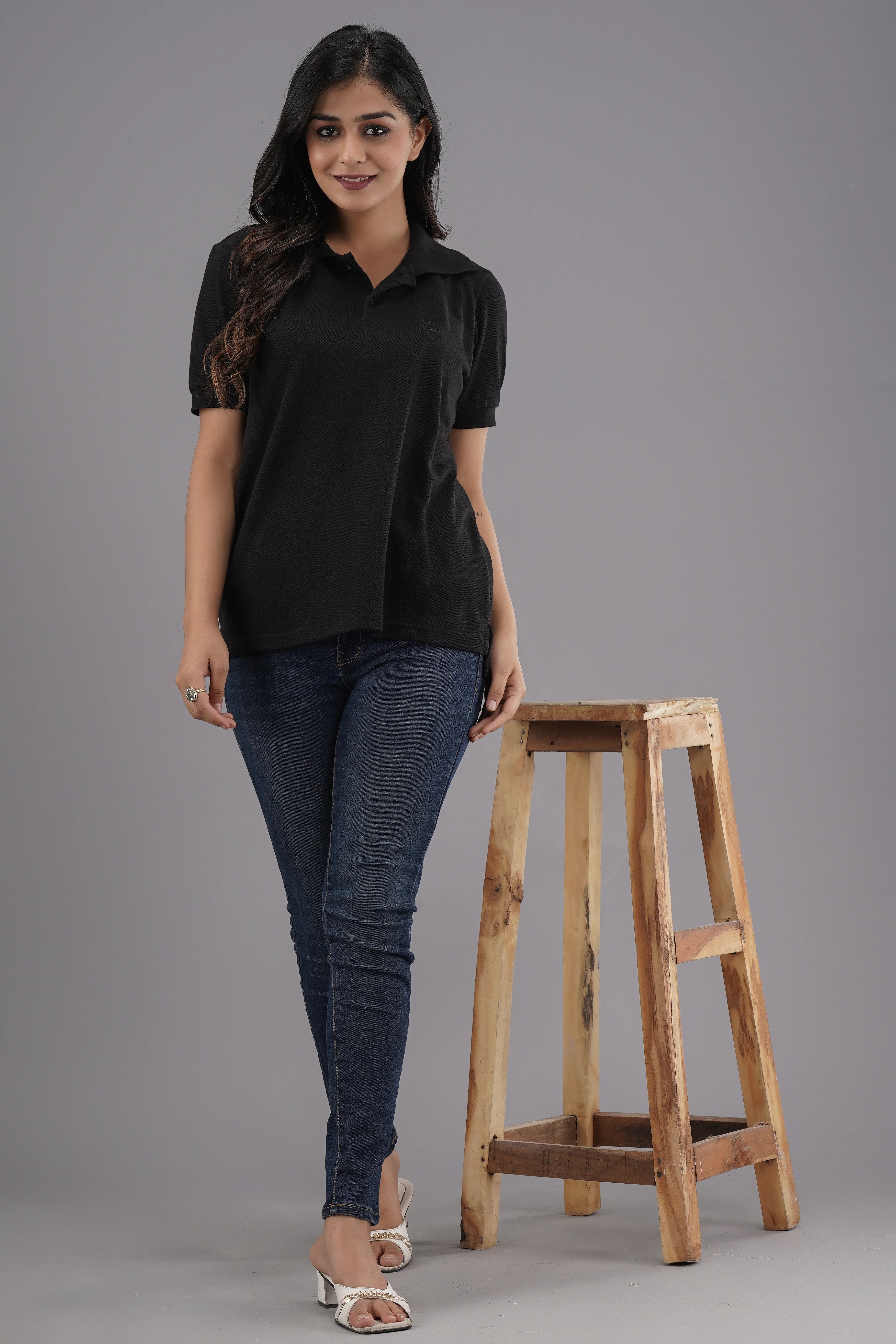 Women's Solid Black Polo Neck T-shirt