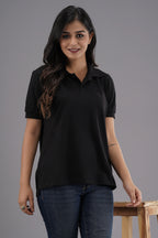 Women's Solid Black Polo Neck T-shirt